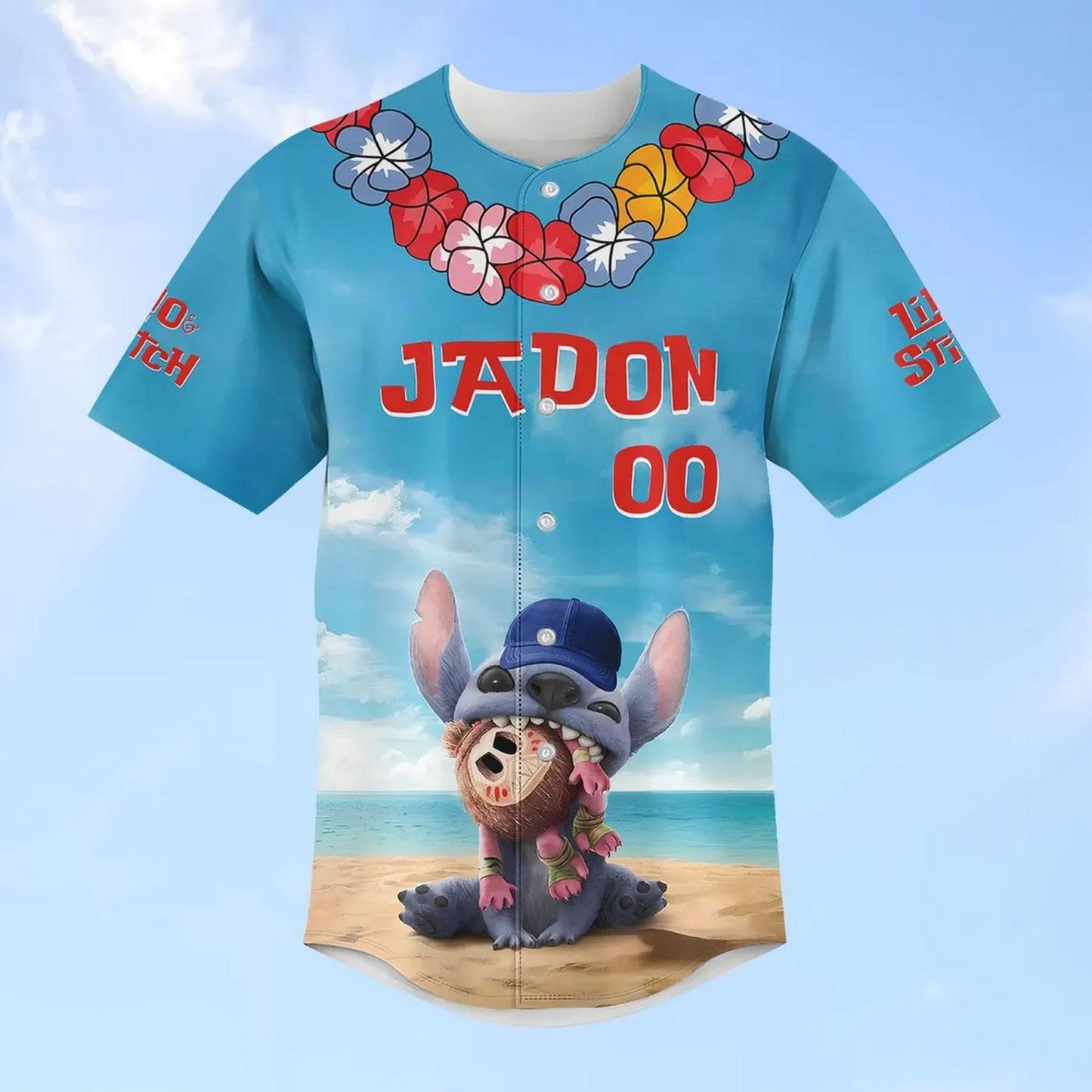 Custom Name Cute Stitch 626 Playingful On The Beach Baseball Jersey