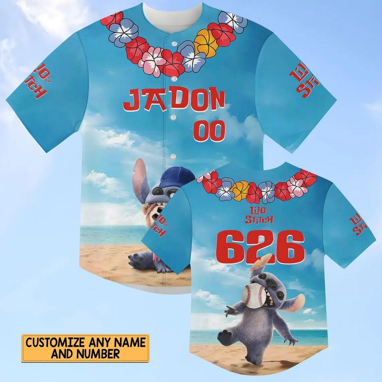 Custom Name Cute Stitch 626 Playingful On The Beach Baseball Jersey