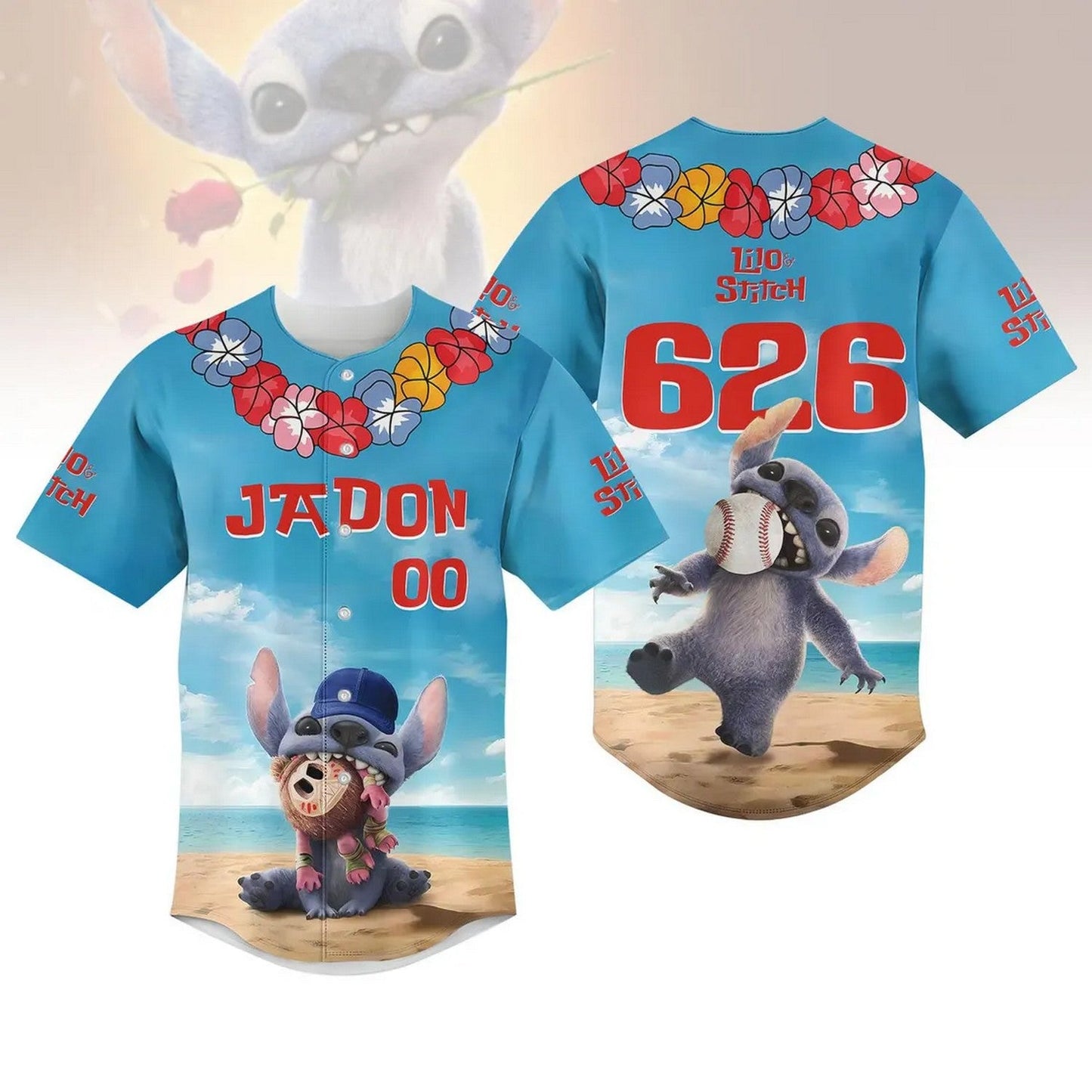 Custom Name Cute Stitch 626 Playingful On The Beach Baseball Jersey