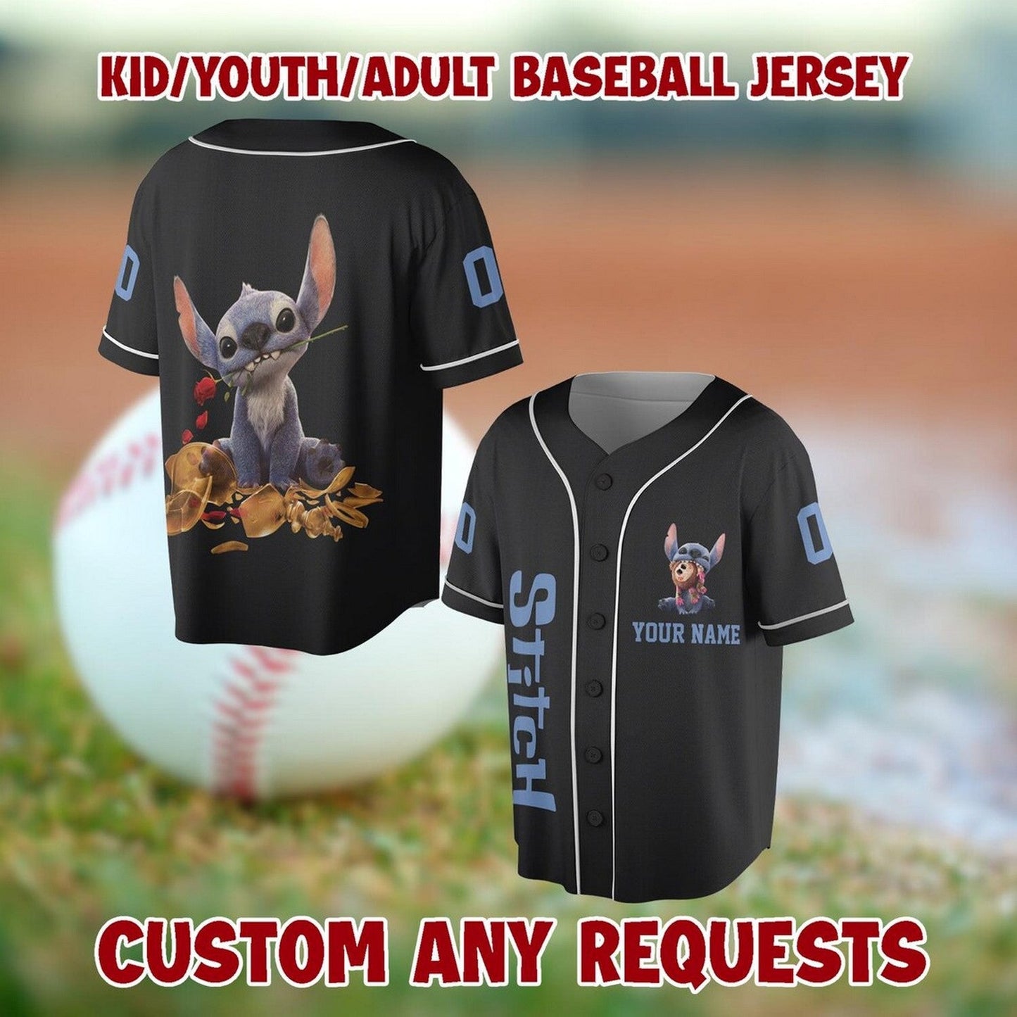 Custom Name Cute Stitch And Rose Black Baseball Jersey