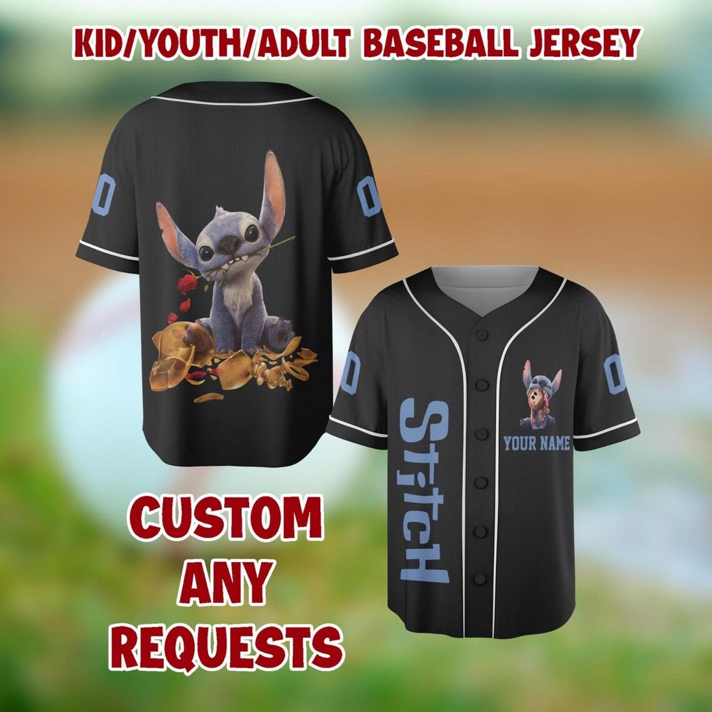 Custom Name Cute Stitch And Rose Black Baseball Jersey