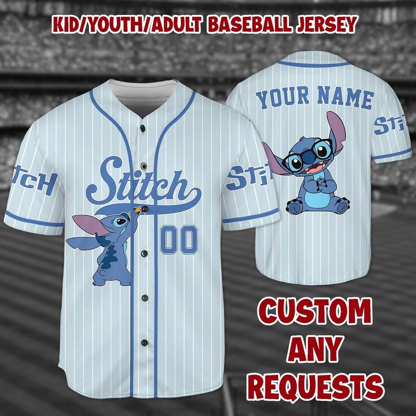 Custom Name Cute Stitch Light Blue Baseball Jersey