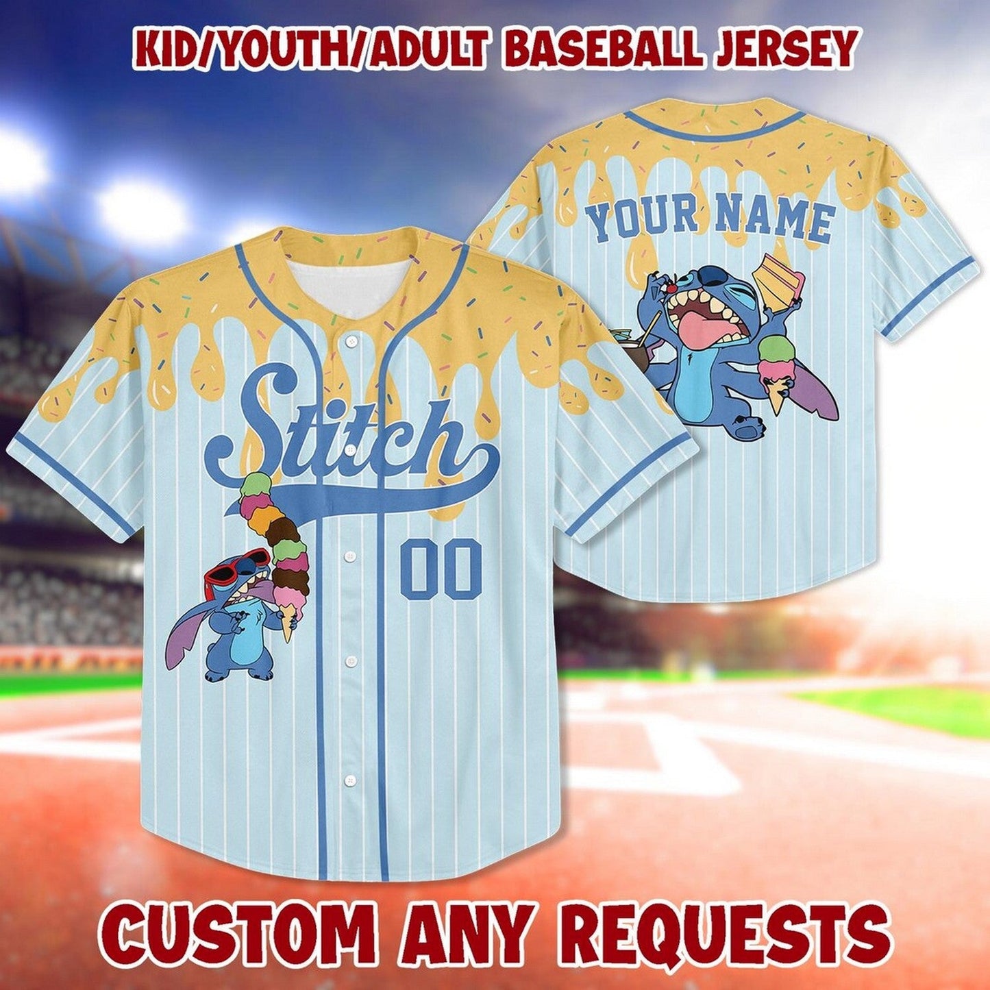 Custom Name Cute Stitch Rainbow Ice Cream Baseball Jersey