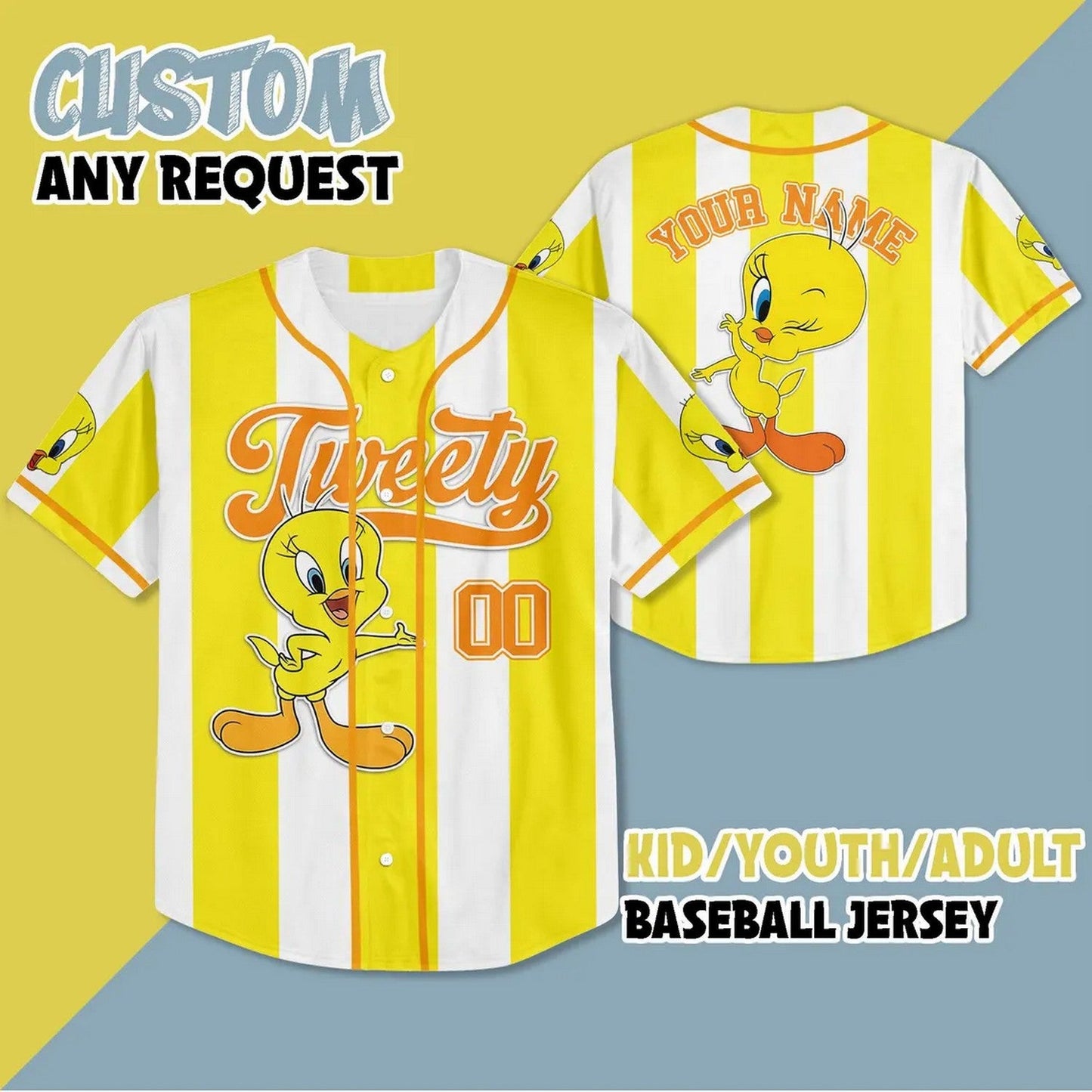Custom Name Cute Tweety Yellow Horizont Baseball Jersey