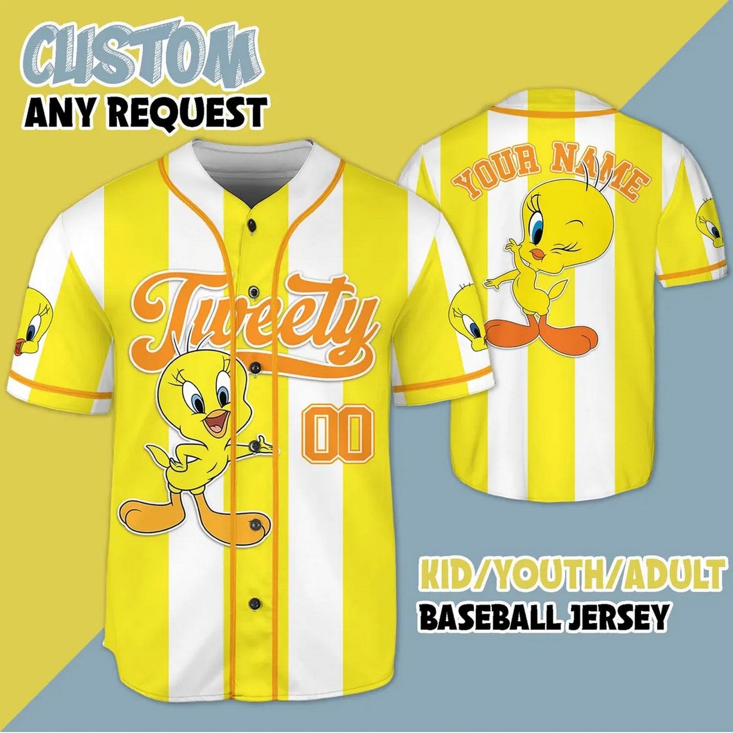 Custom Name Cute Tweety Yellow Horizont Baseball Jersey