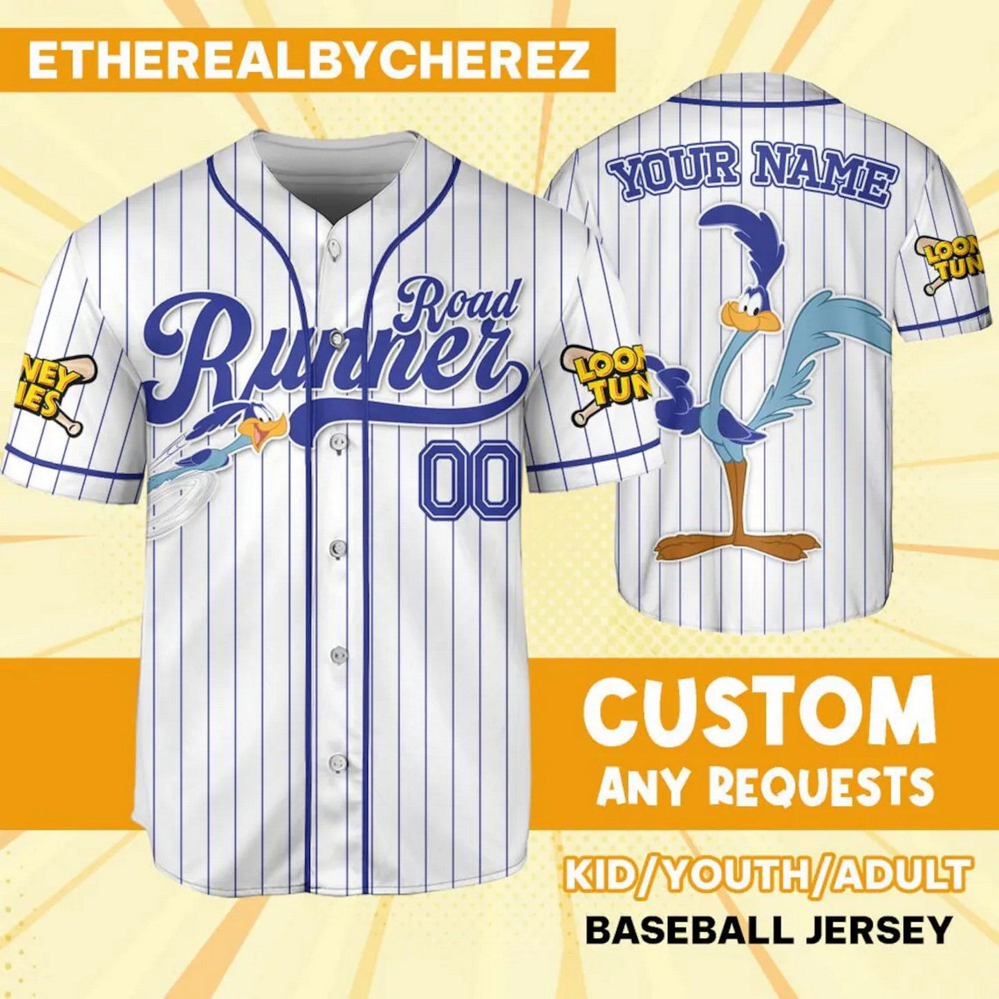 Custom Name Looney Road Runner Simple Baseball Jersey