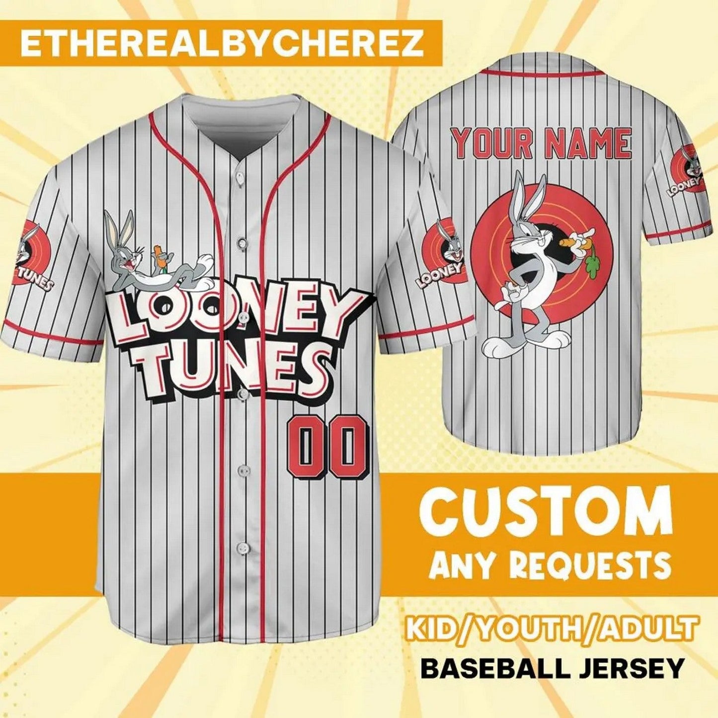 Custom Name Looney Tunes Bug Bunny Carot Gray Baseball Jersey