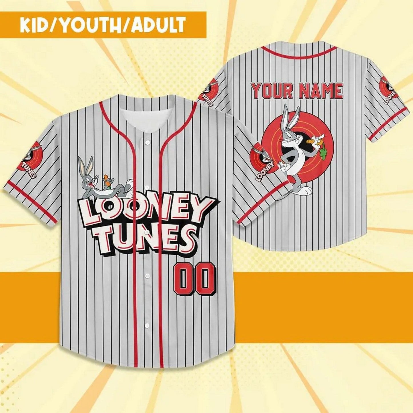 Custom Name Looney Tunes Bug Bunny Carot Gray Baseball Jersey