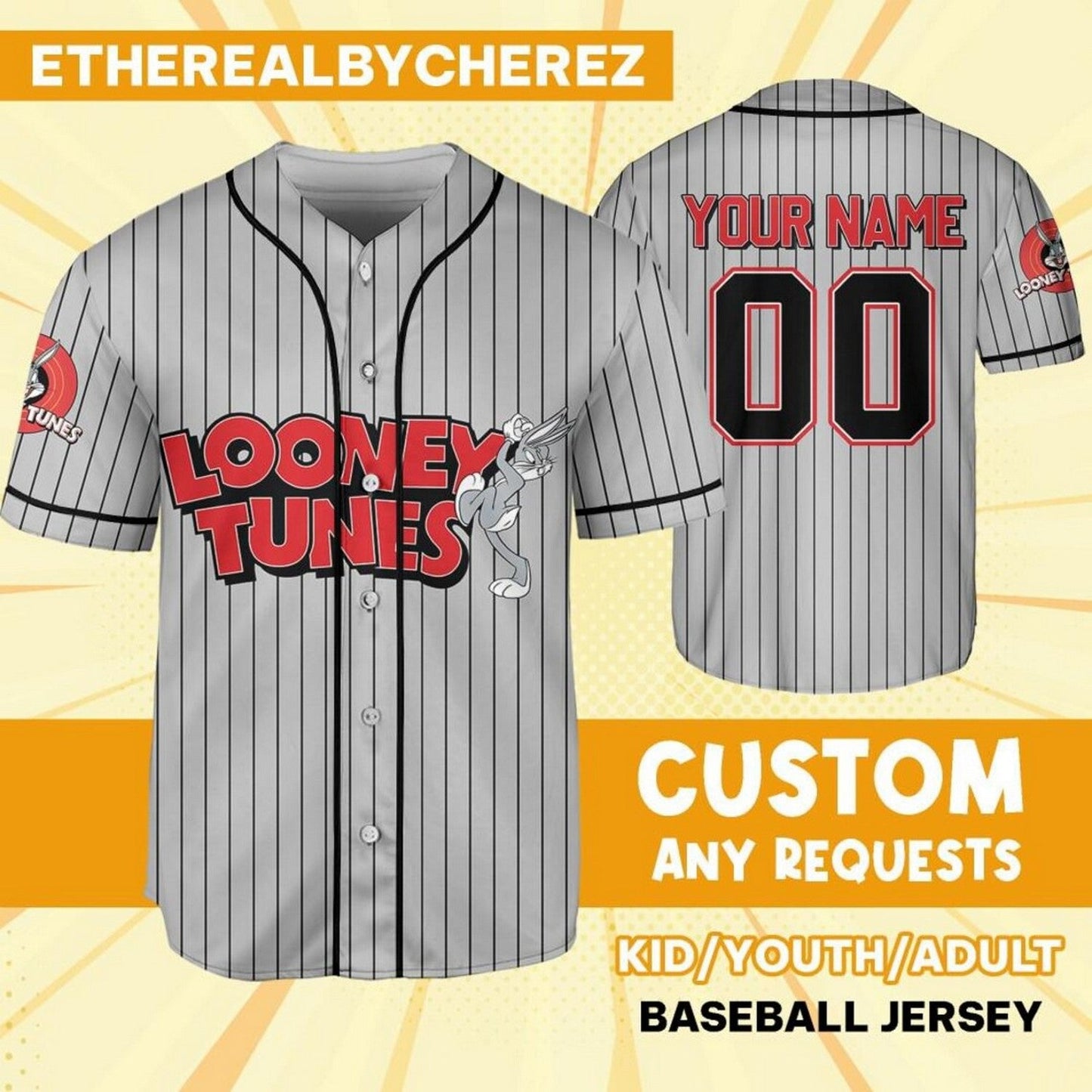 Custom Name Looney Tunes Bug Bunny Striped Gray Baseball Jersey