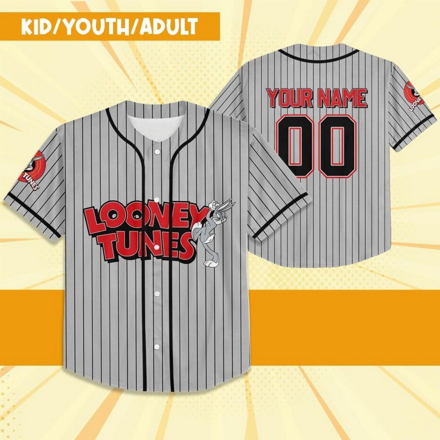 Custom Name Looney Tunes Bug Bunny Striped Gray Baseball Jersey