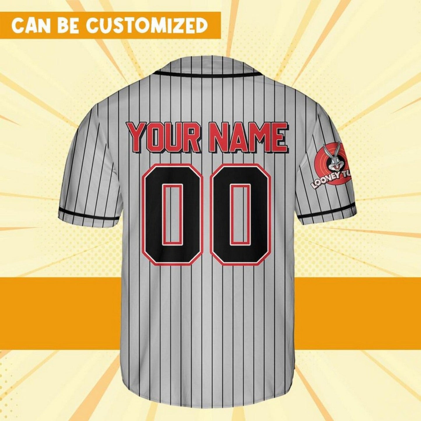Custom Name Looney Tunes Bug Bunny Striped Gray Baseball Jersey