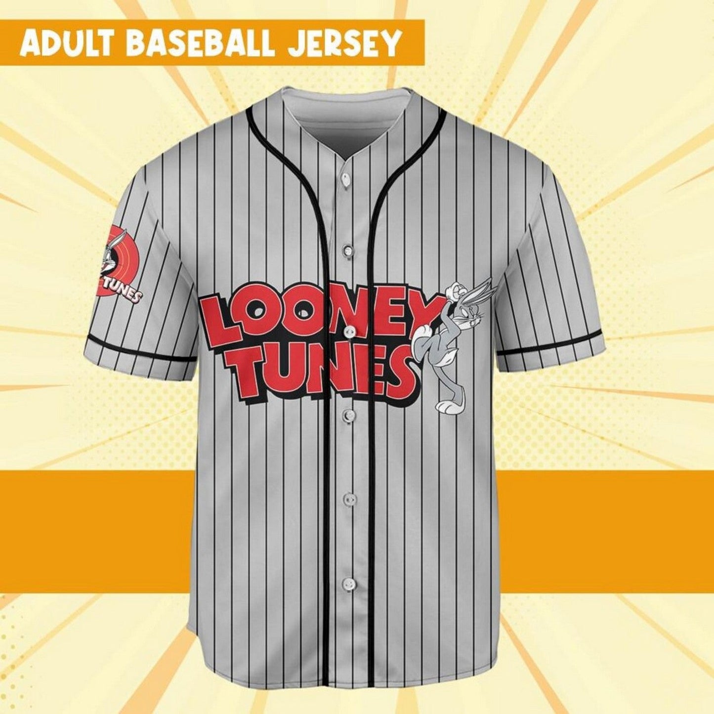 Custom Name Looney Tunes Bug Bunny Striped Gray Baseball Jersey