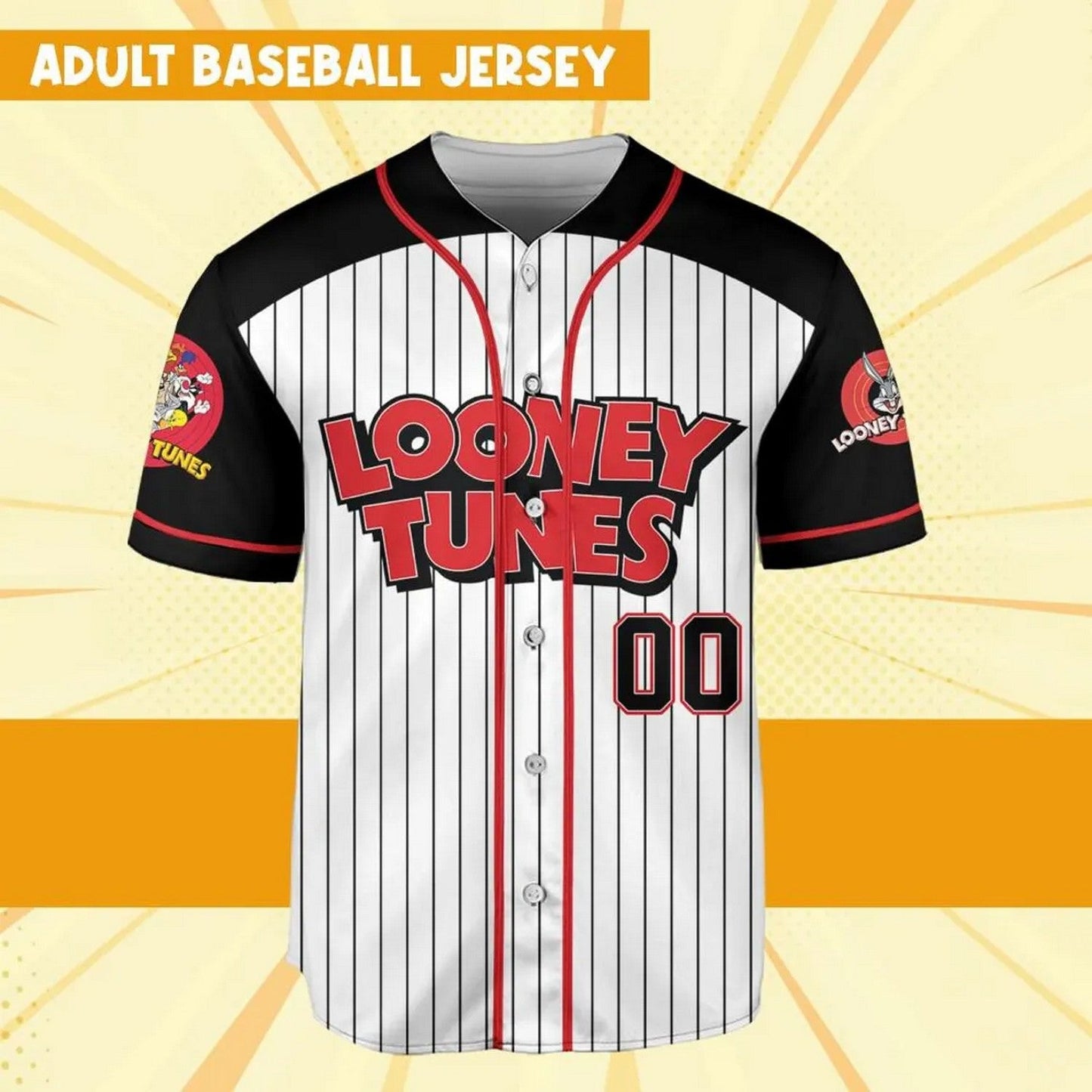 Custom Name Looney Tunes Character Black White Baseball Jersey