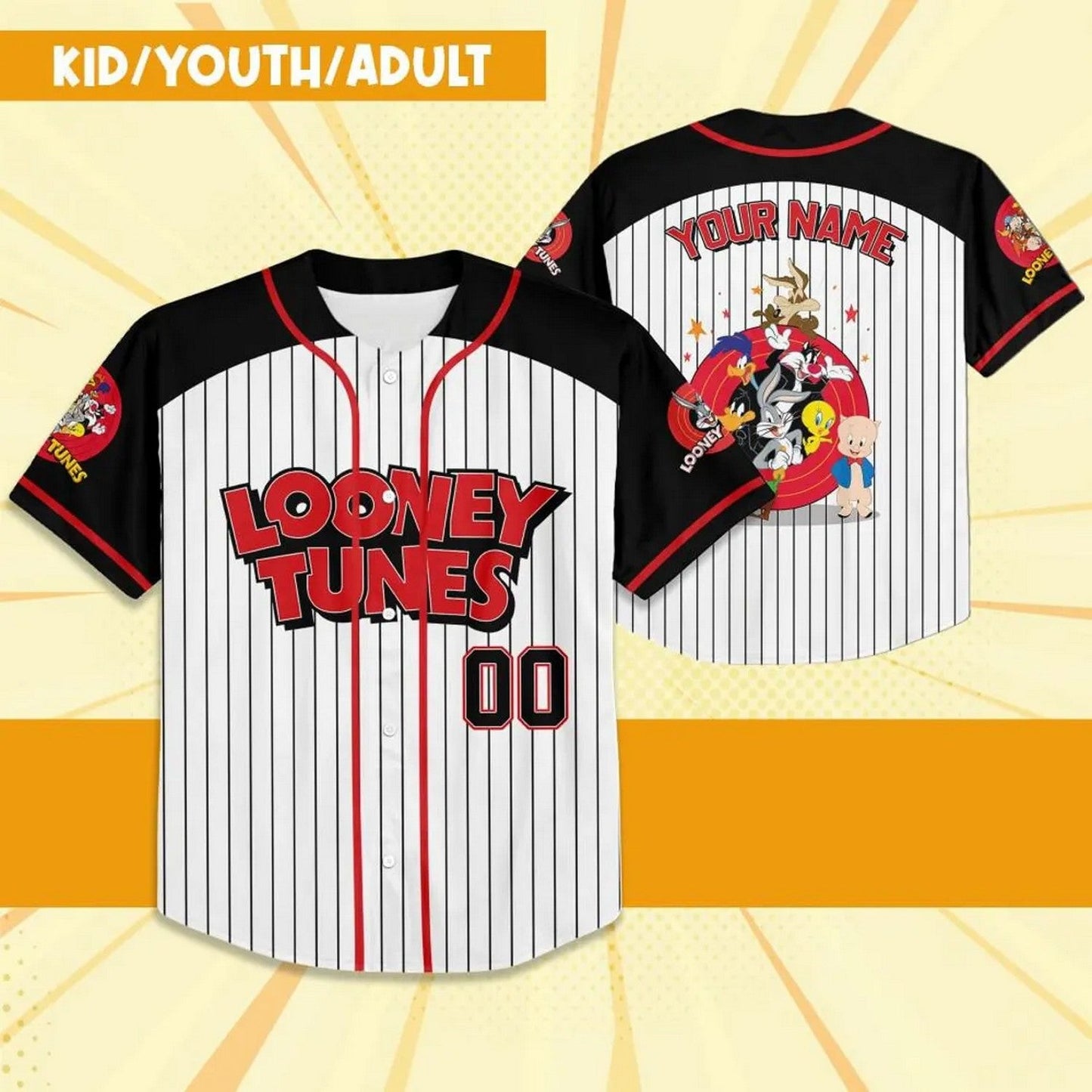 Custom Name Looney Tunes Character Black White Baseball Jersey