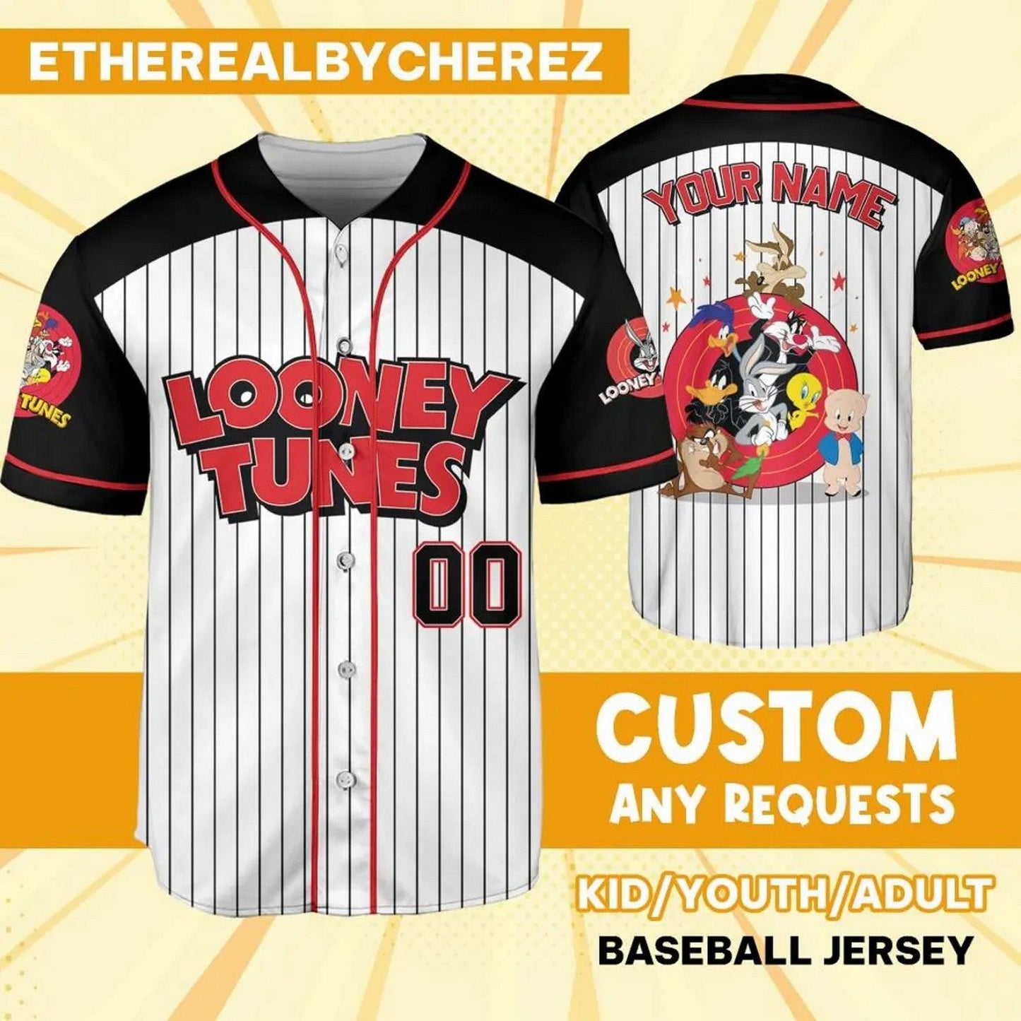 Custom Name Looney Tunes Character Black White Baseball Jersey