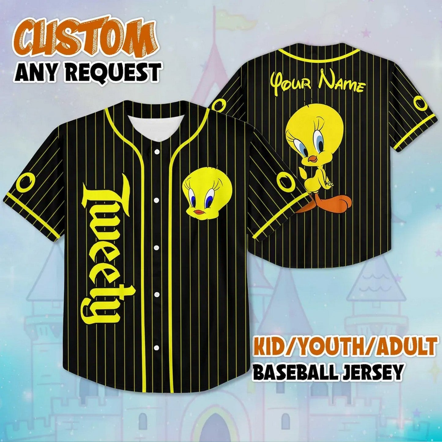 Custom Name Looney Tunes Tweety Bird Stripes Black Baseball Jersey