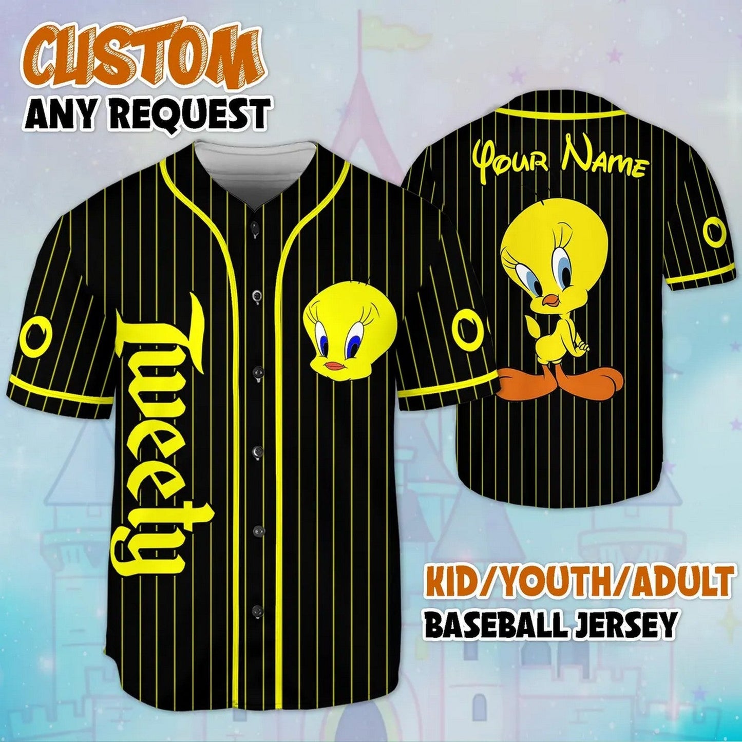 Custom Name Looney Tunes Tweety Bird Stripes Black Baseball Jersey