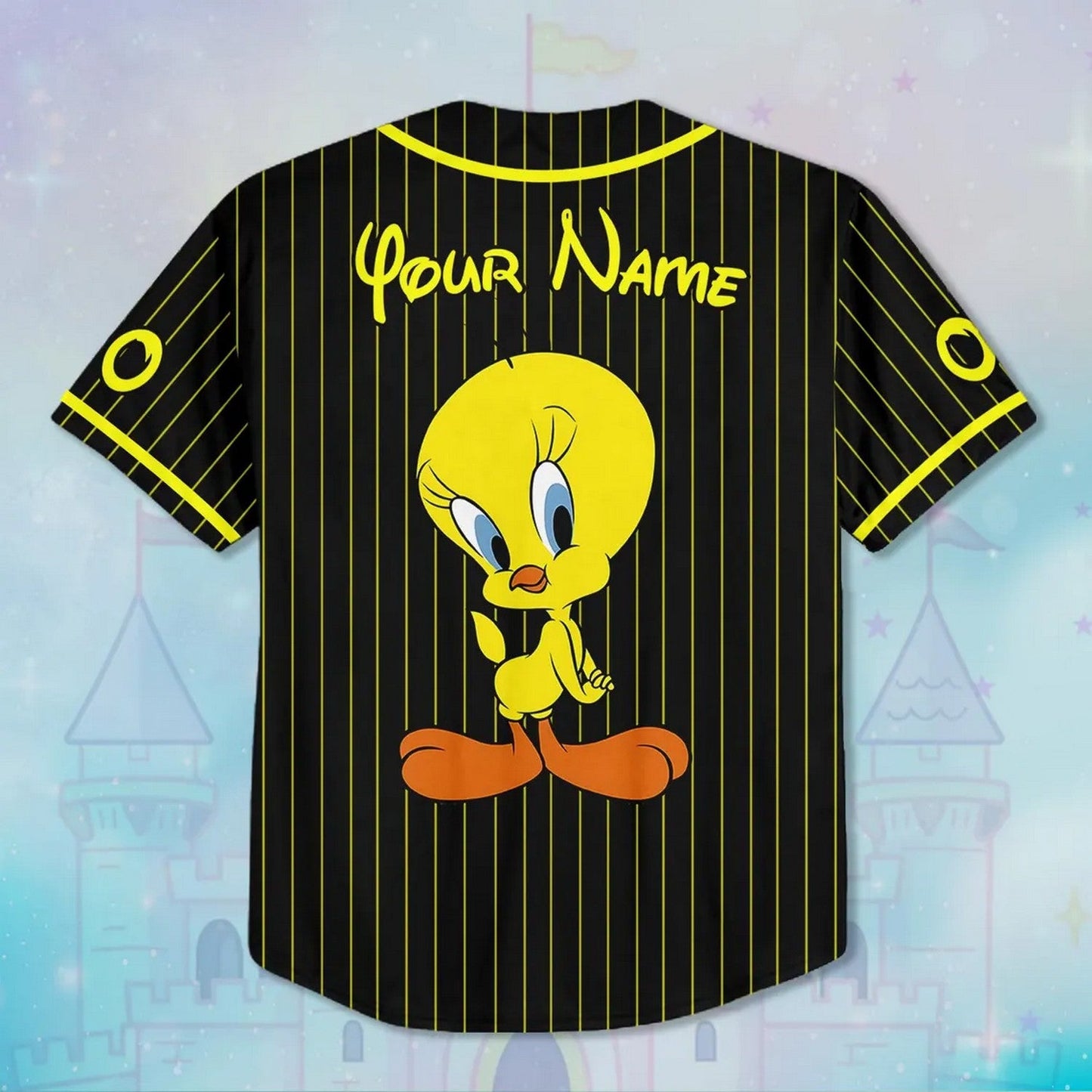 Custom Name Looney Tunes Tweety Bird Stripes Black Baseball Jersey
