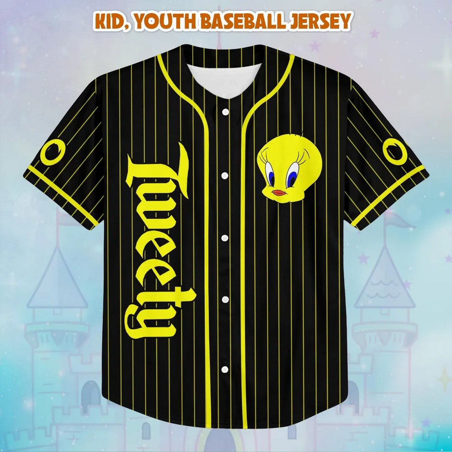 Custom Name Looney Tunes Tweety Bird Stripes Black Baseball Jersey