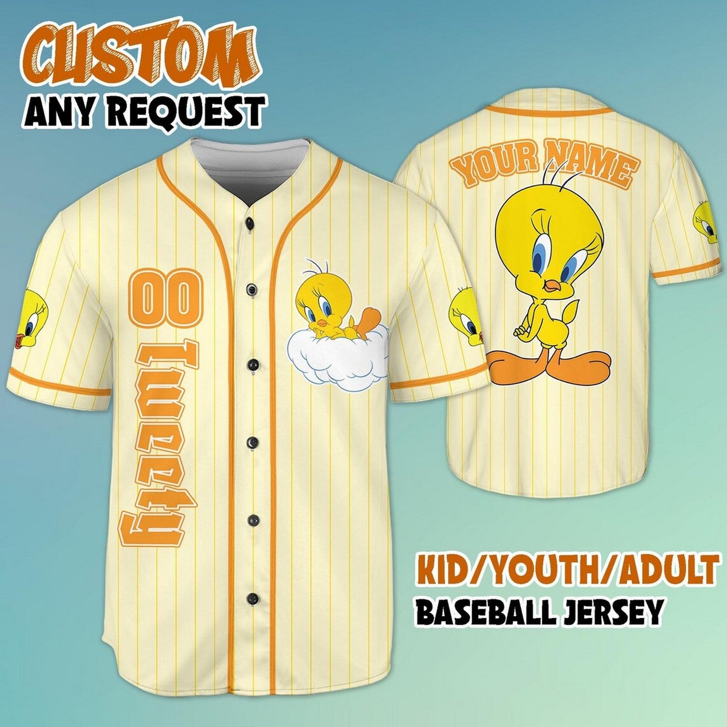 Custom Name Looney Tunes Tweety Light Yellow Baseball Jersey