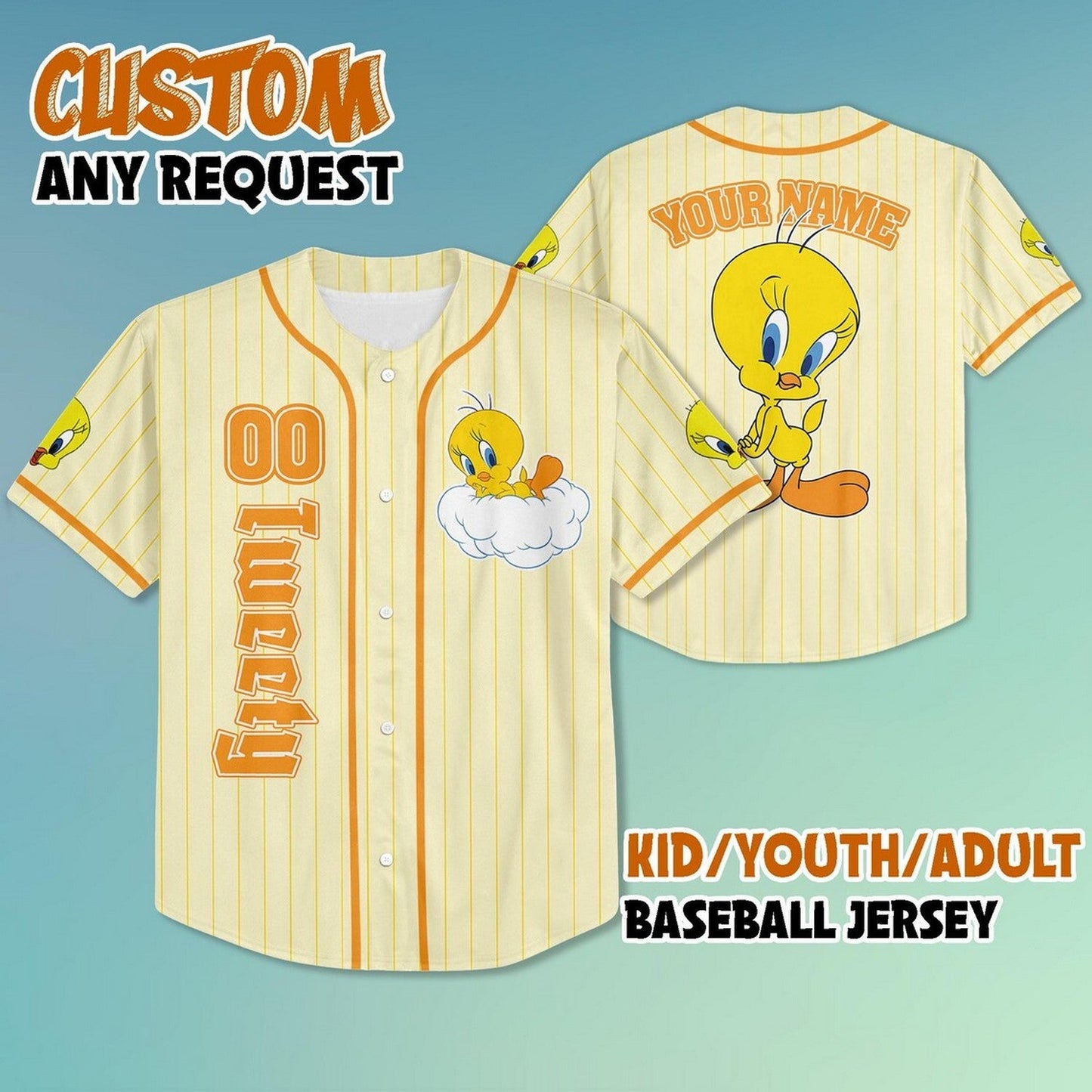 Custom Name Looney Tunes Tweety Light Yellow Baseball Jersey