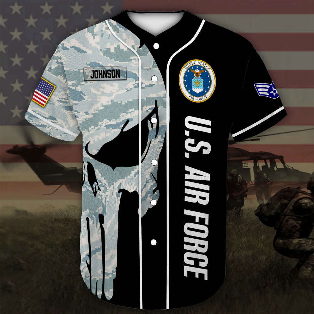 Custom Name Rank US Air Force Skull Camo Baseball Jersey Colorful Full Size - Aopprinter