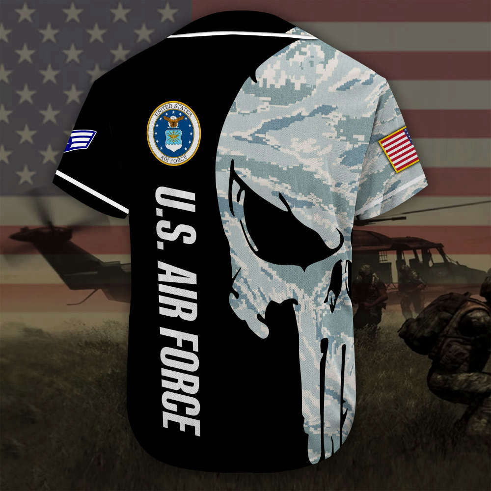 Custom Name Rank US Air Force Skull Camo Baseball Jersey Colorful Full Size - Aopprinter