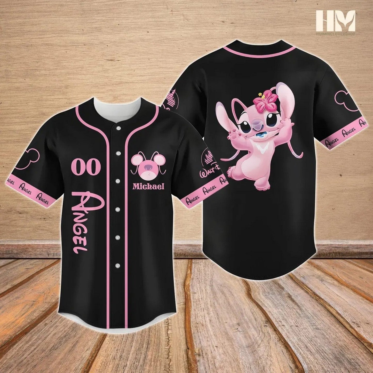 Custom Name Stitch Angel Black Baseball Jersey