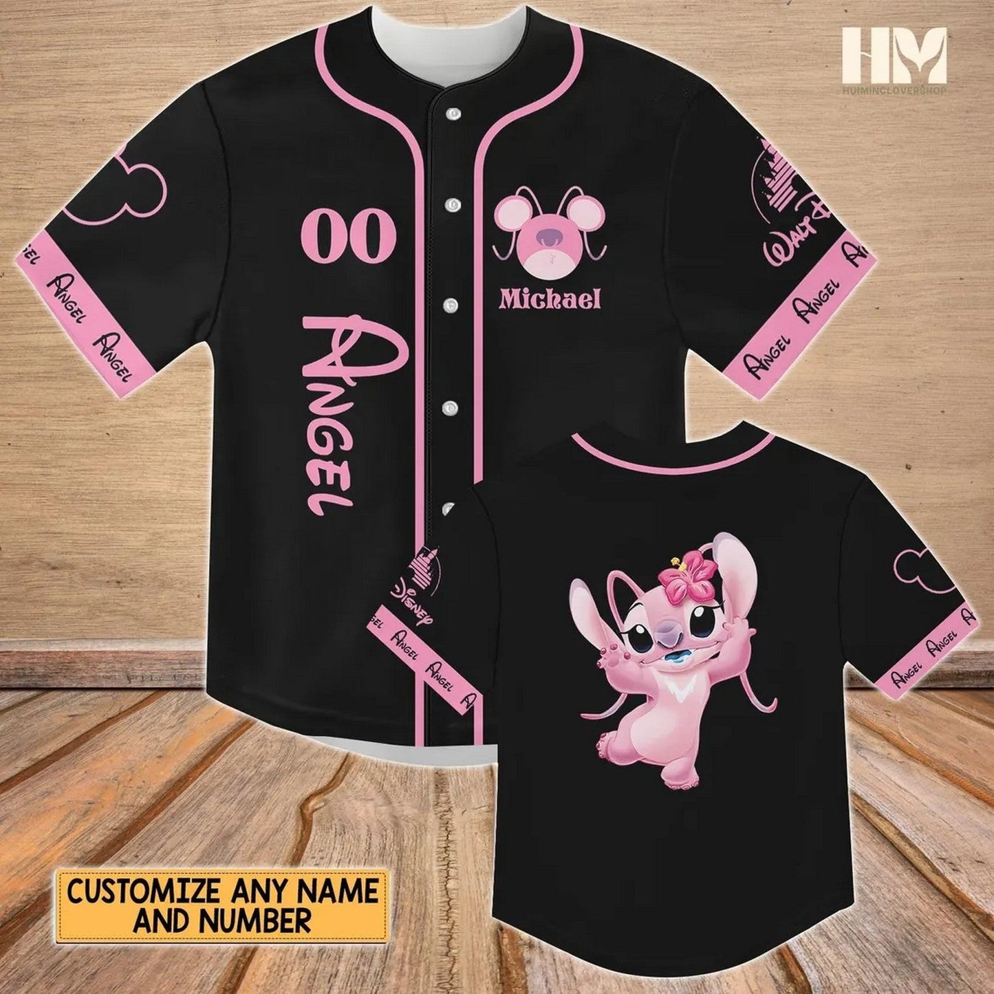 Custom Name Stitch Angel Black Baseball Jersey