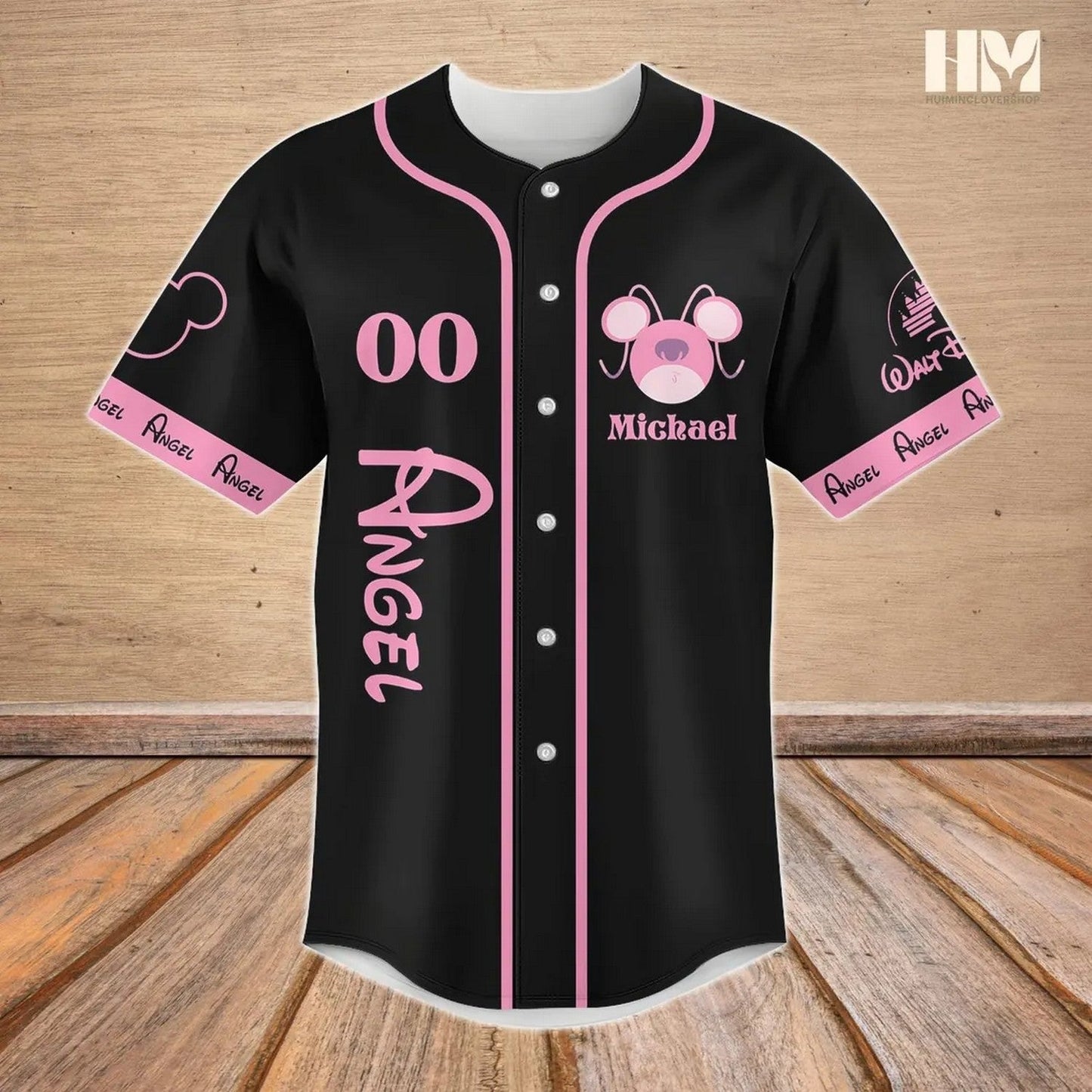 Custom Name Stitch Angel Black Baseball Jersey