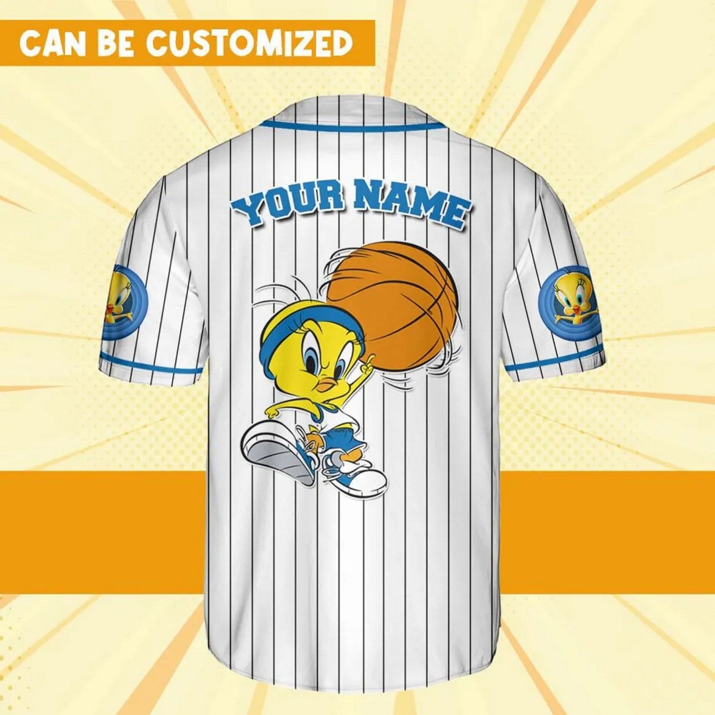 Custom Name Tweety Bird Blue White Baseball Jersey