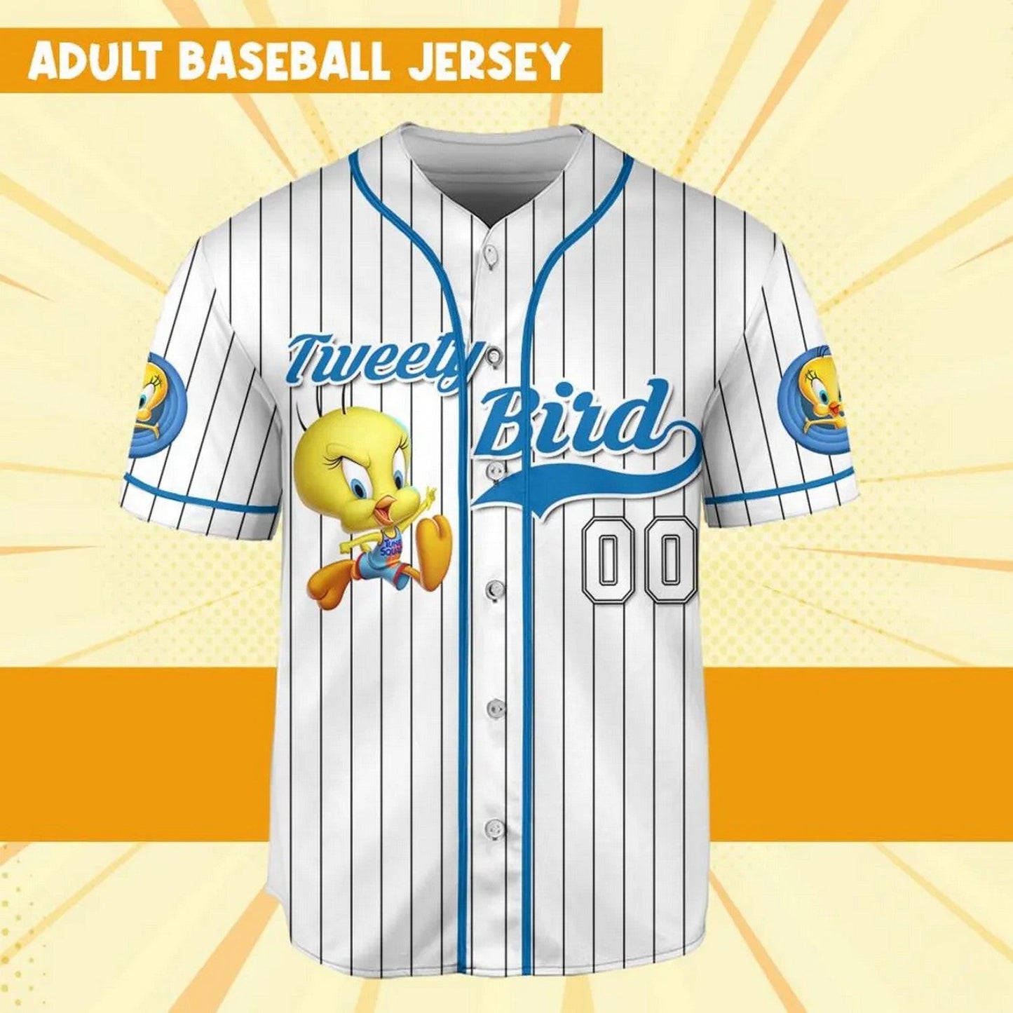 Custom Name Tweety Bird Blue White Baseball Jersey