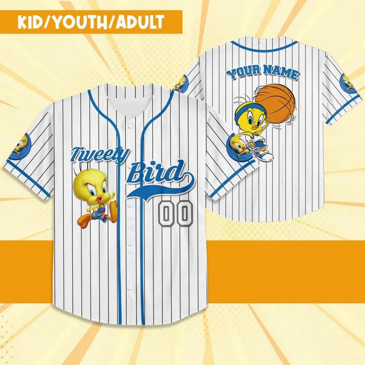 Custom Name Tweety Bird Blue White Baseball Jersey