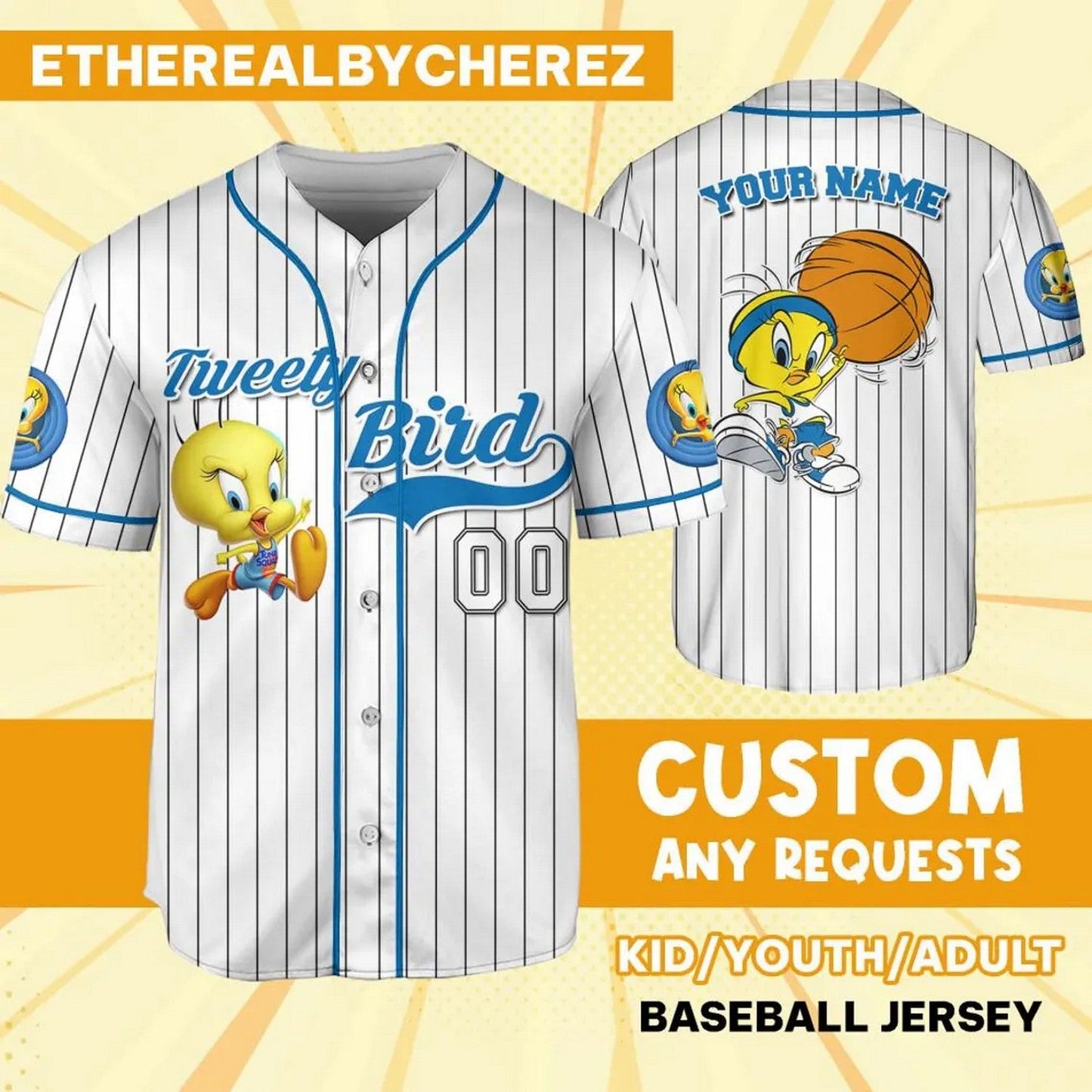 Custom Name Tweety Bird Blue White Baseball Jersey