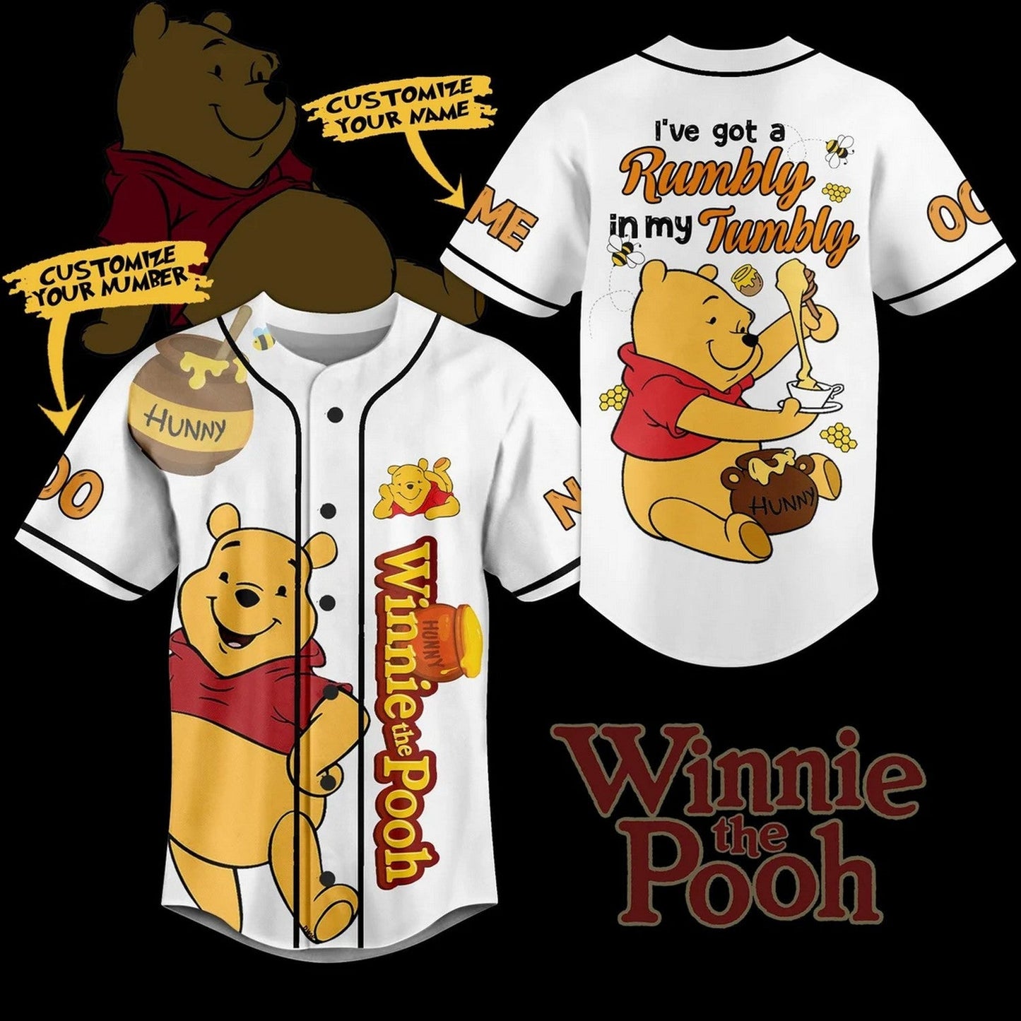 Custom Name Winnie The Pooh Bear White Baseball Jersey