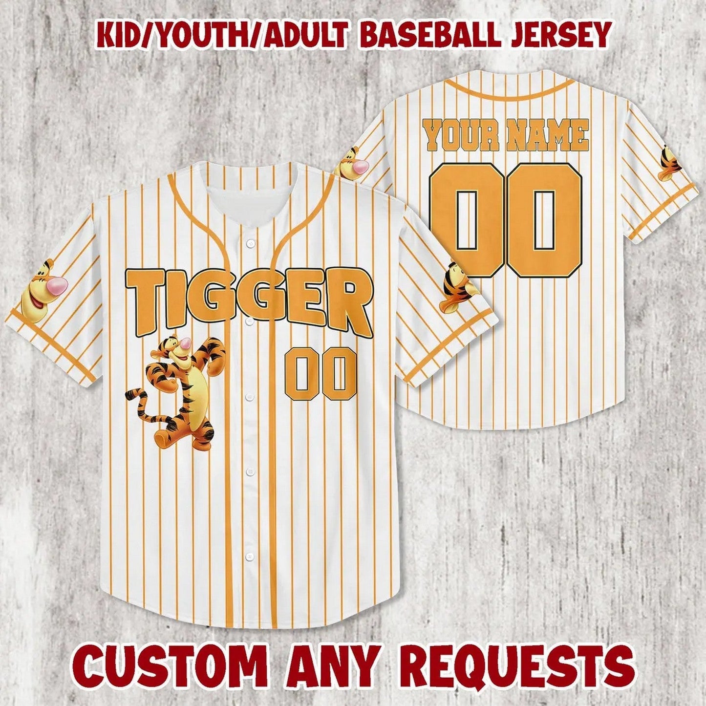 Custom Name Winnie The Pooh Tigger Striped White Baseball Jersey