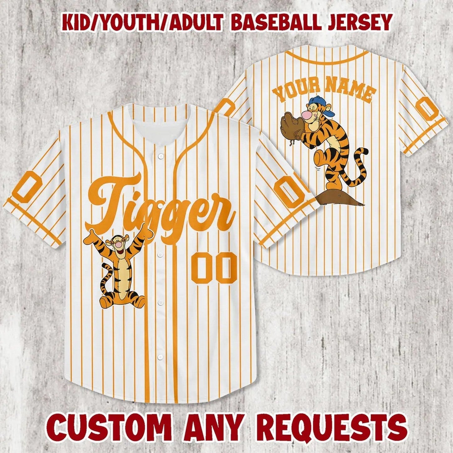 Custom Name Winnie The Pooh Tigger White Baseball Jersey