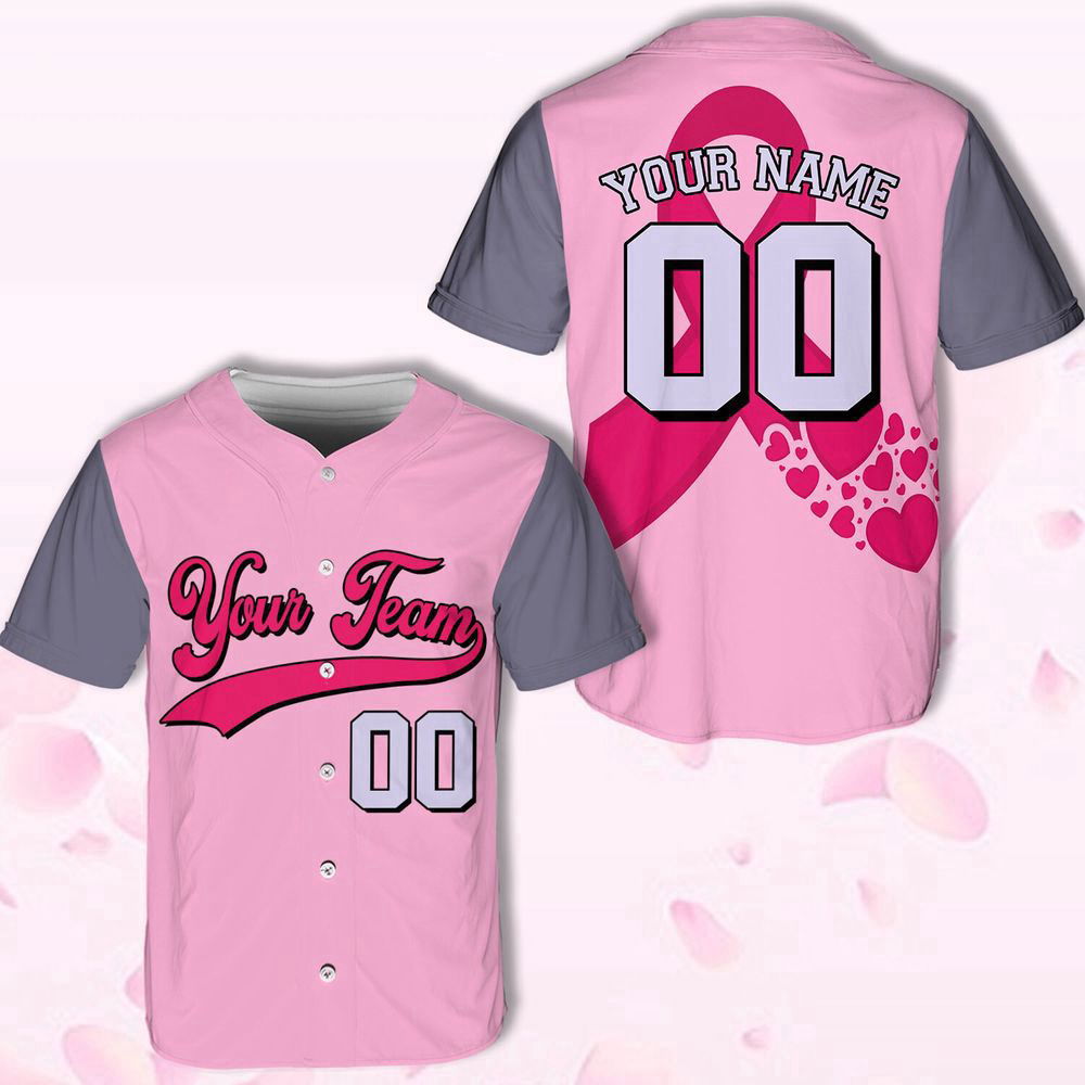 Custom Team Name And Number Baseball Jersey For Men Women, Personalized Breast Cancer Pink Ribbon - lylyprint.com