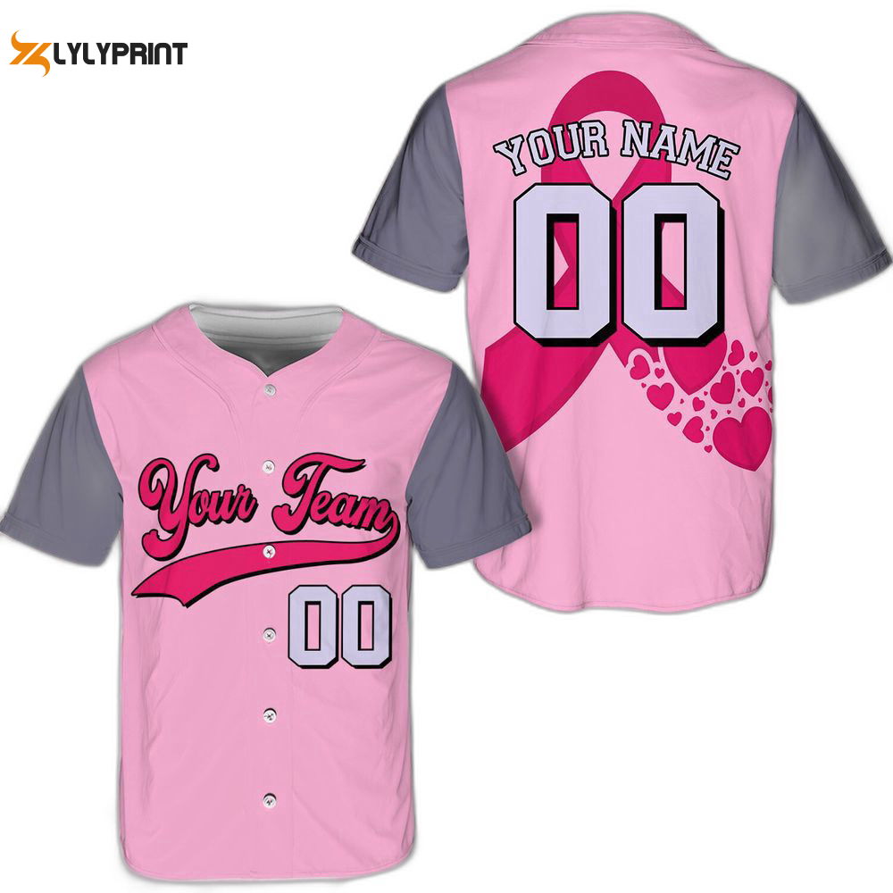 Custom Team Name And Number Baseball Jersey For Men Women, Personalized Breast Cancer Pink Ribbon - lylyprint.com