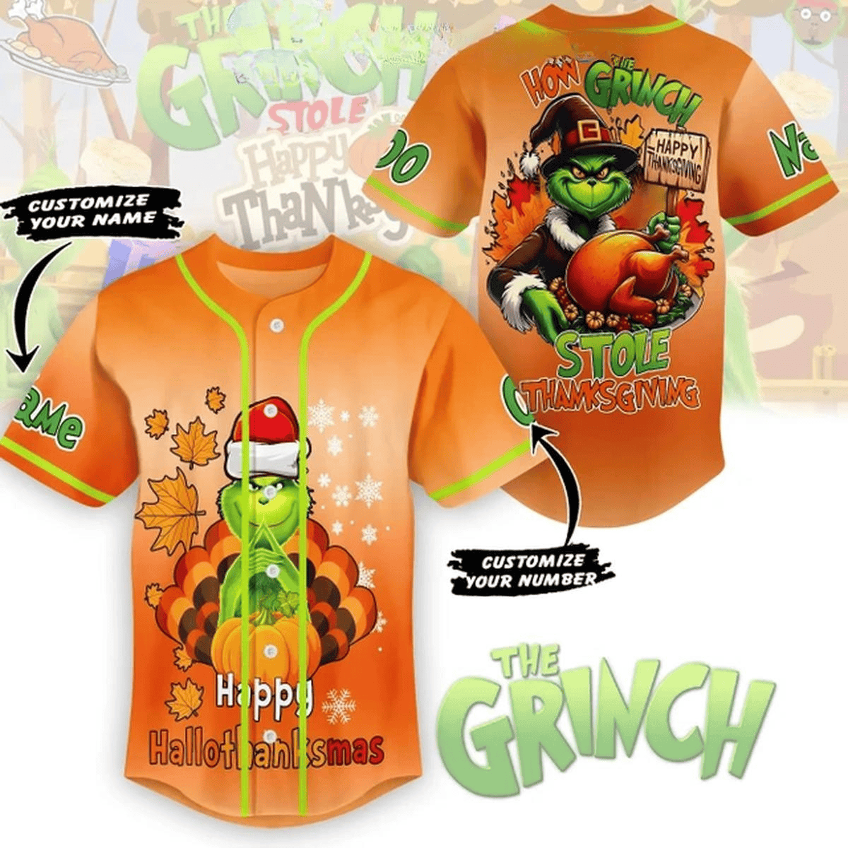 Customized Happy Halloween Thanksmas Grinch Orange Baseball Jersey