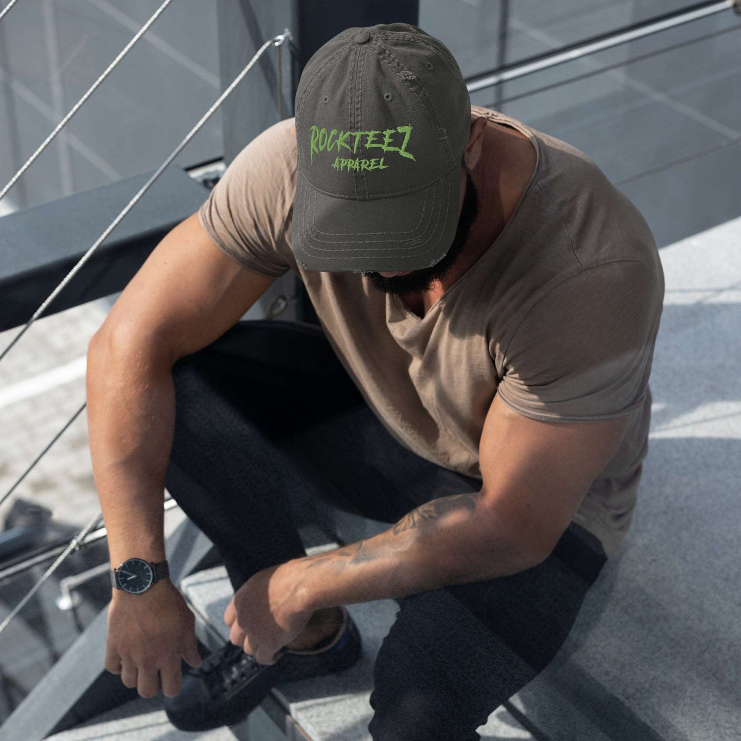 Rockteez Apparel Kiwi Green Logo Distressed Dad Hat