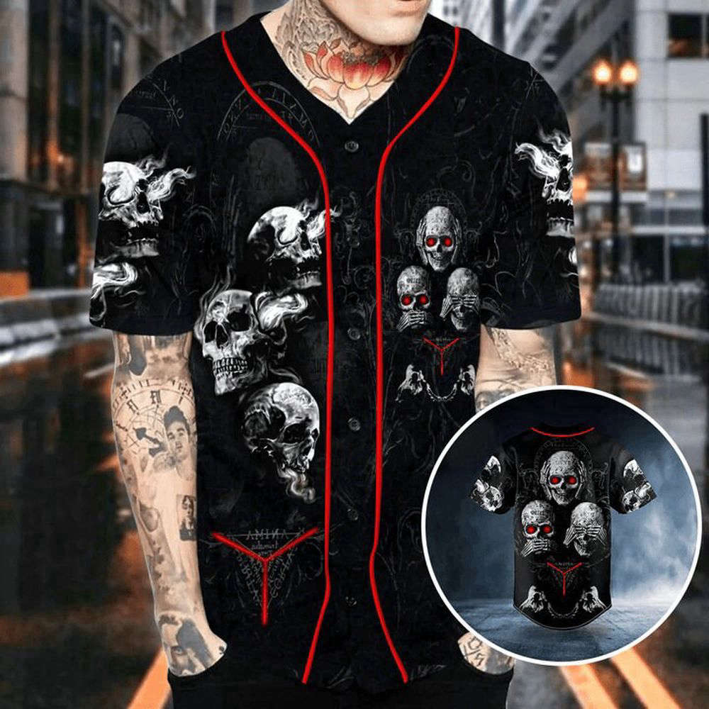 Hear See Speak No Evil Skull Baseball Jersey For Men Women - lylyprint.com