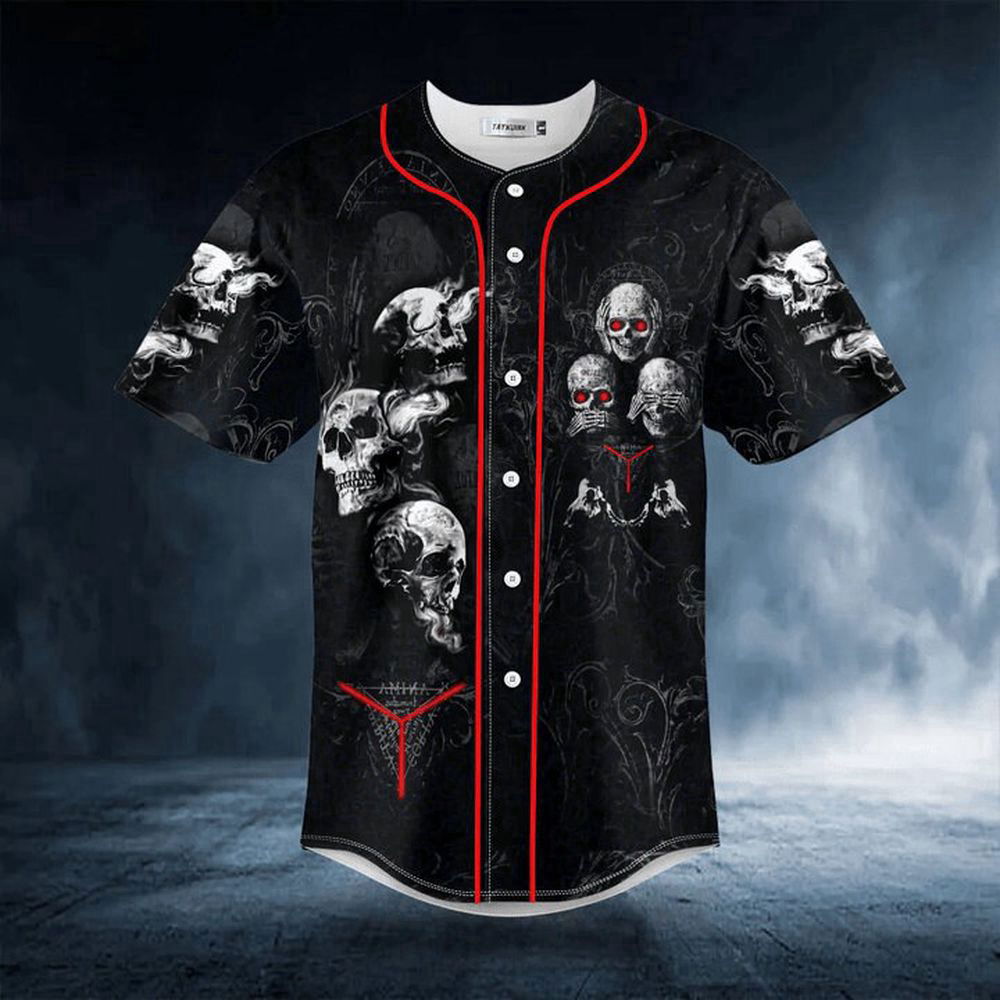 Hear See Speak No Evil Skull Baseball Jersey For Men Women - lylyprint.com