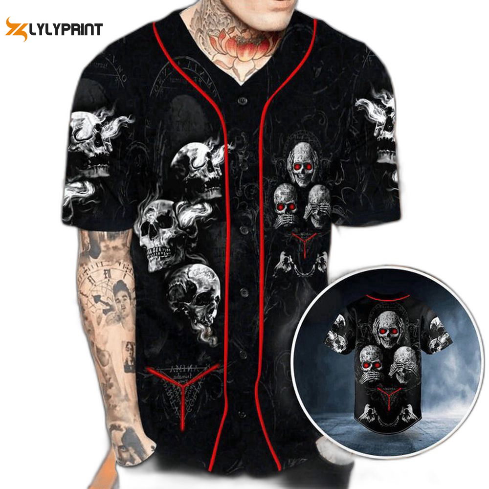 Hear See Speak No Evil Skull Baseball Jersey For Men Women - lylyprint.com