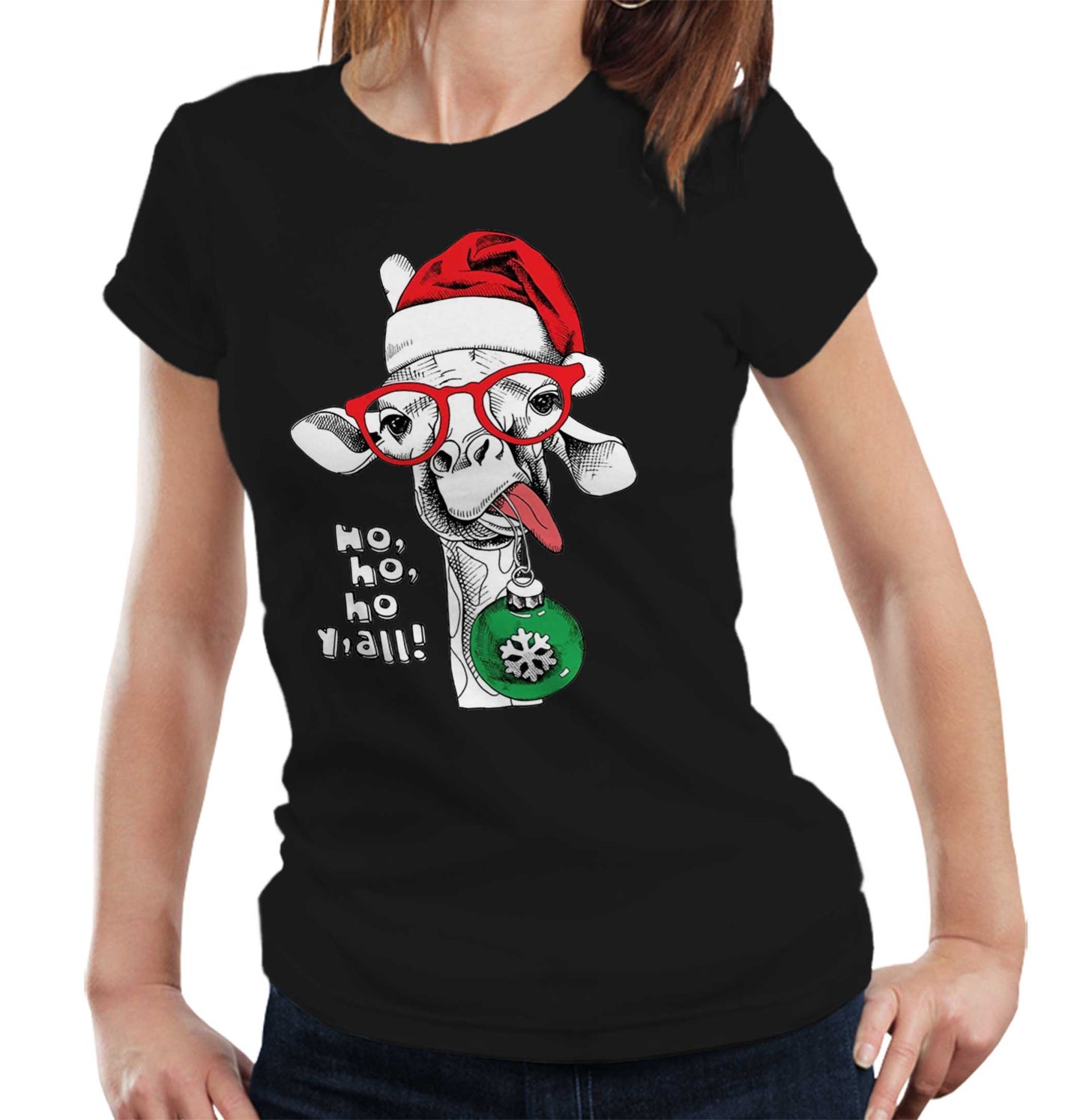 Ho Ho Ho Y'all Giraffe Tshirt Fitted Ladies