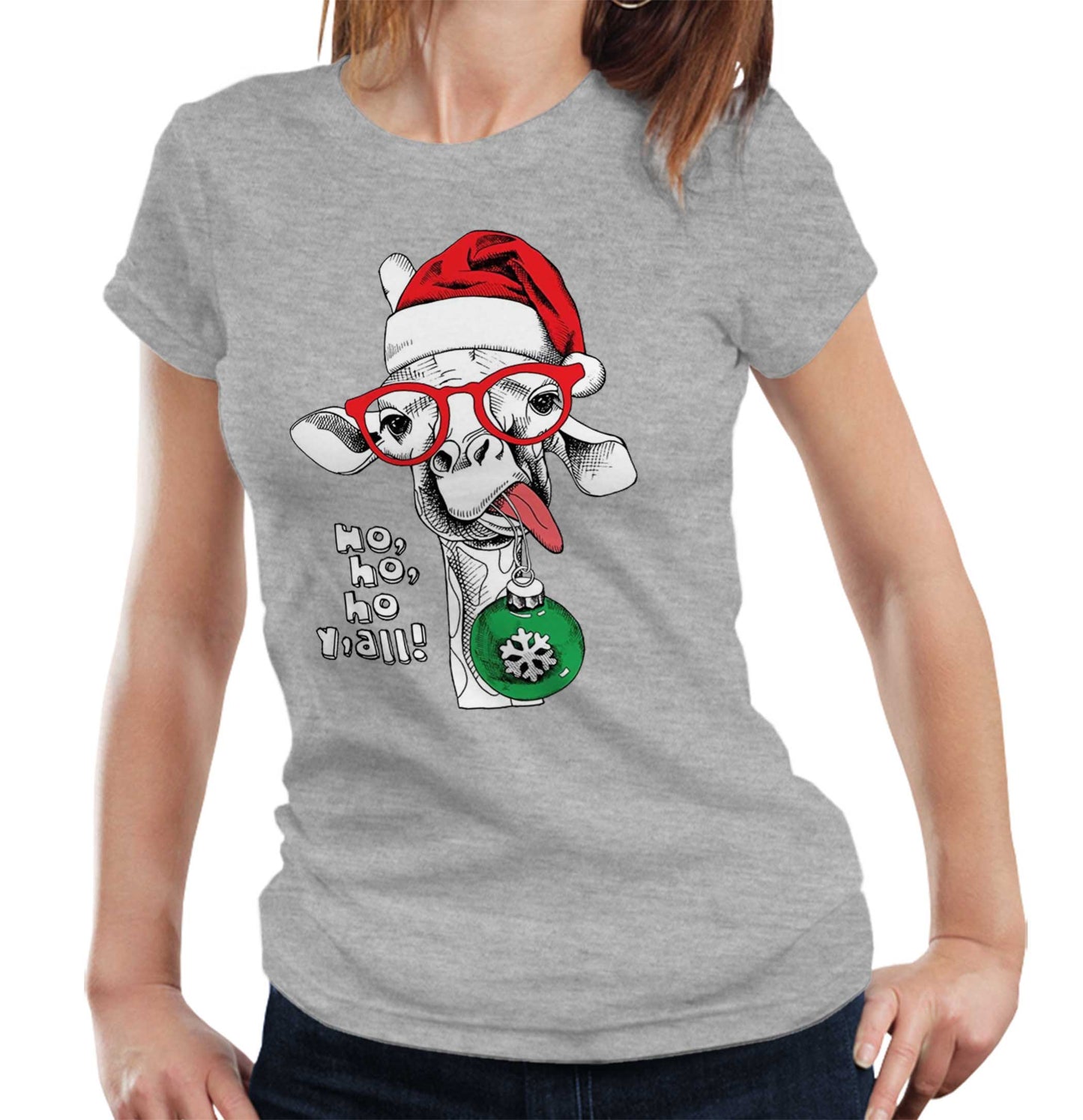 Ho Ho Ho Y'all Giraffe Tshirt Fitted Ladies