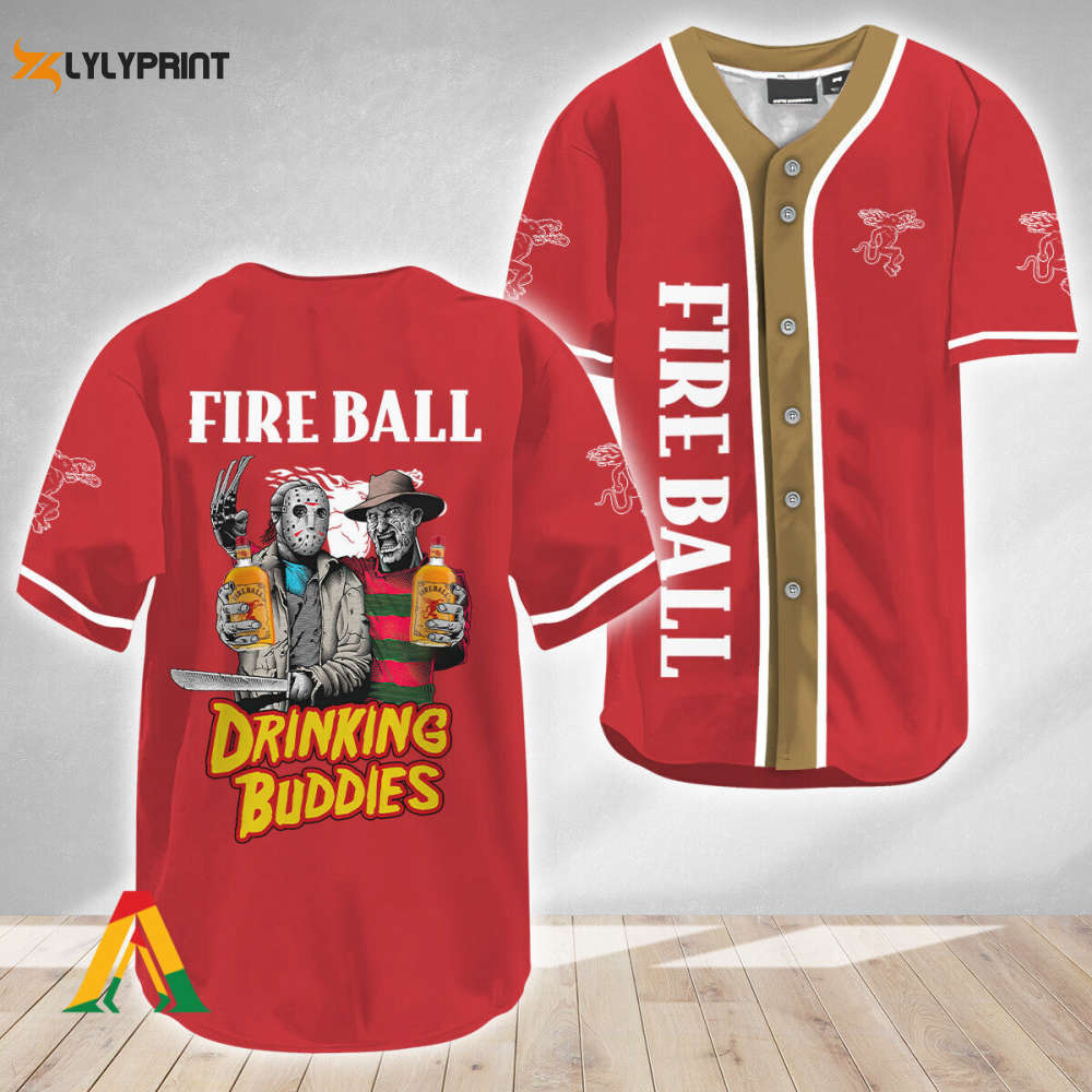 Horror Freddy & Jason Drinking Buddies Fireball Baseball Jersey - lylyprint.com