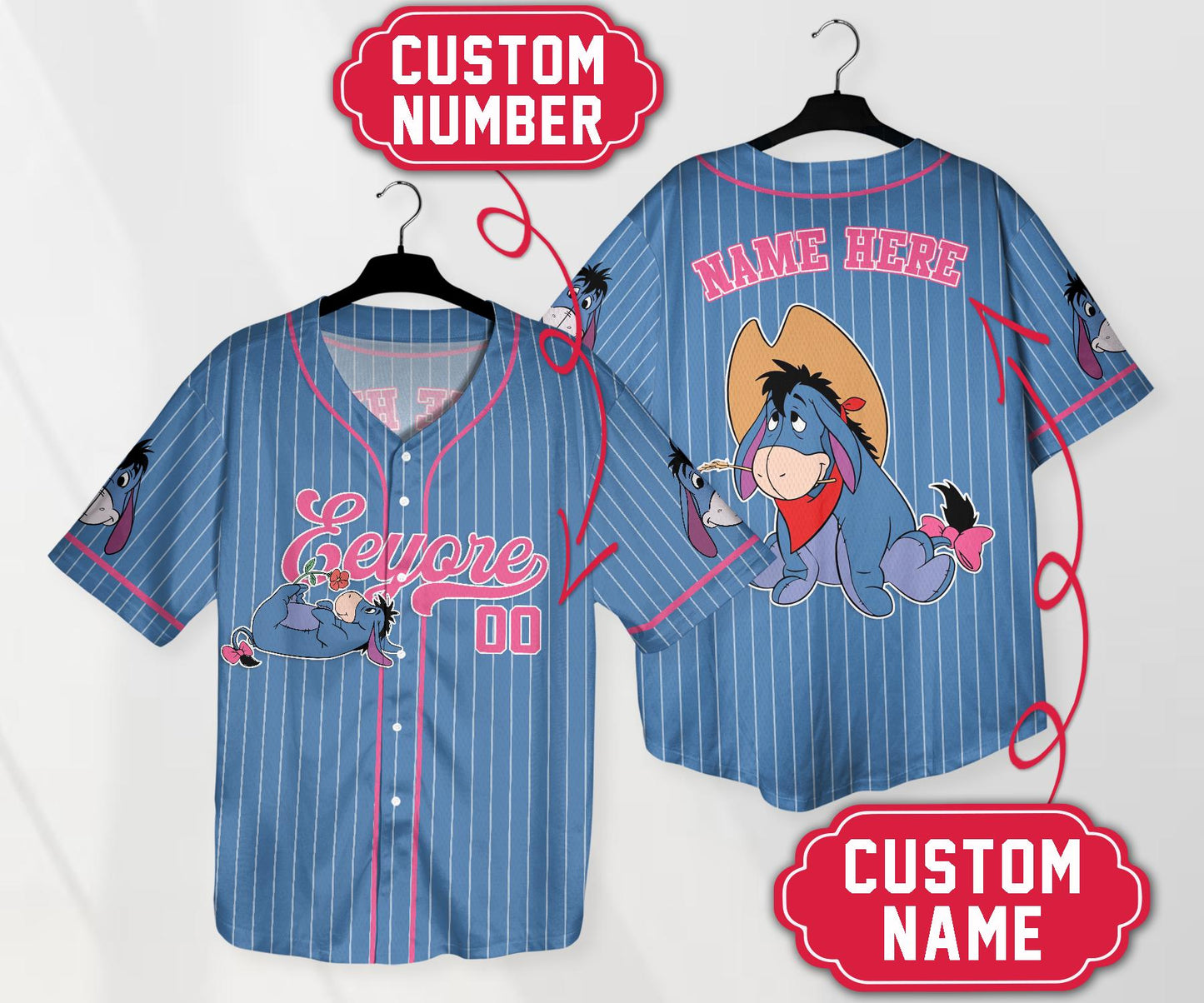 Personalized Eeyore Blue Simple Baseball Jersey Shirt Winnie the Pooh Baseball Team Jersey Custom Name Jersey Eeyore Shirt Gifts