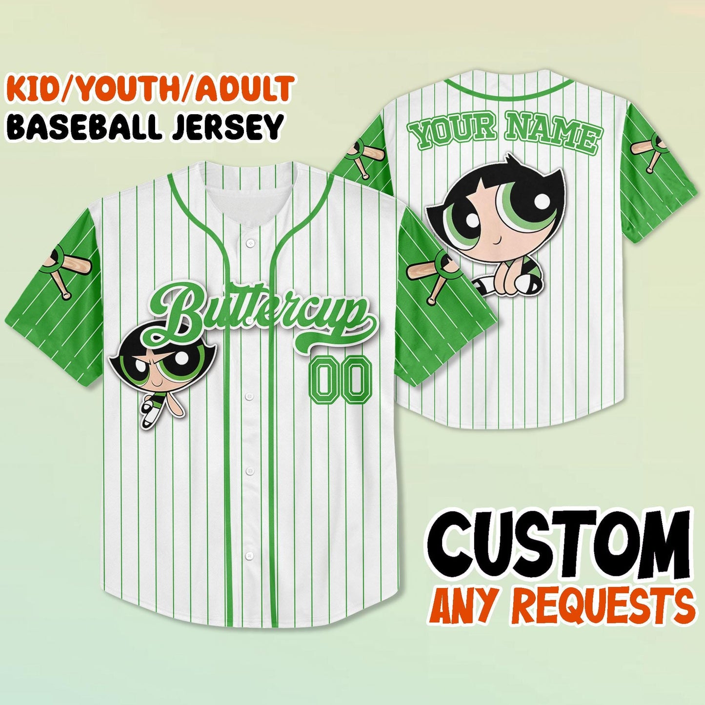 Custom Buttercup Baseball Jersey, Kid Youth Adult Jersey, Personalized Name Number Shirt, Power Cartoon Team Jersey, Gift for Fans
