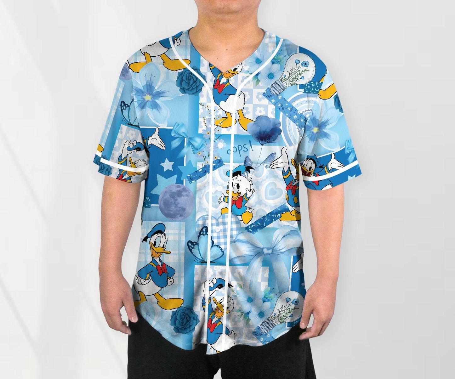 Donald Baseball Jersey Shirt, Cute Duck Button Up Shirt, Pastel Blue Cartoon Jersey Gift for Adults, Unisex Comic Style Shirt